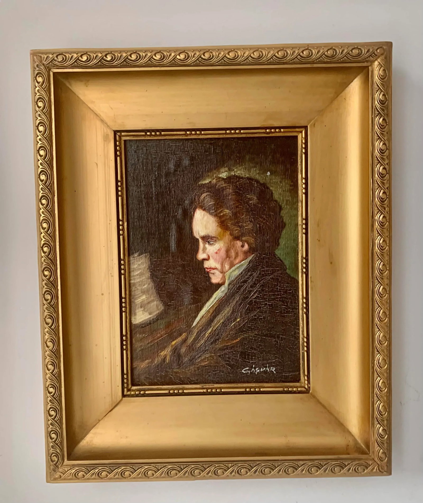 Antique Beethoven Framed Oil Painting in Thick Gilt Wooden Frame - 6