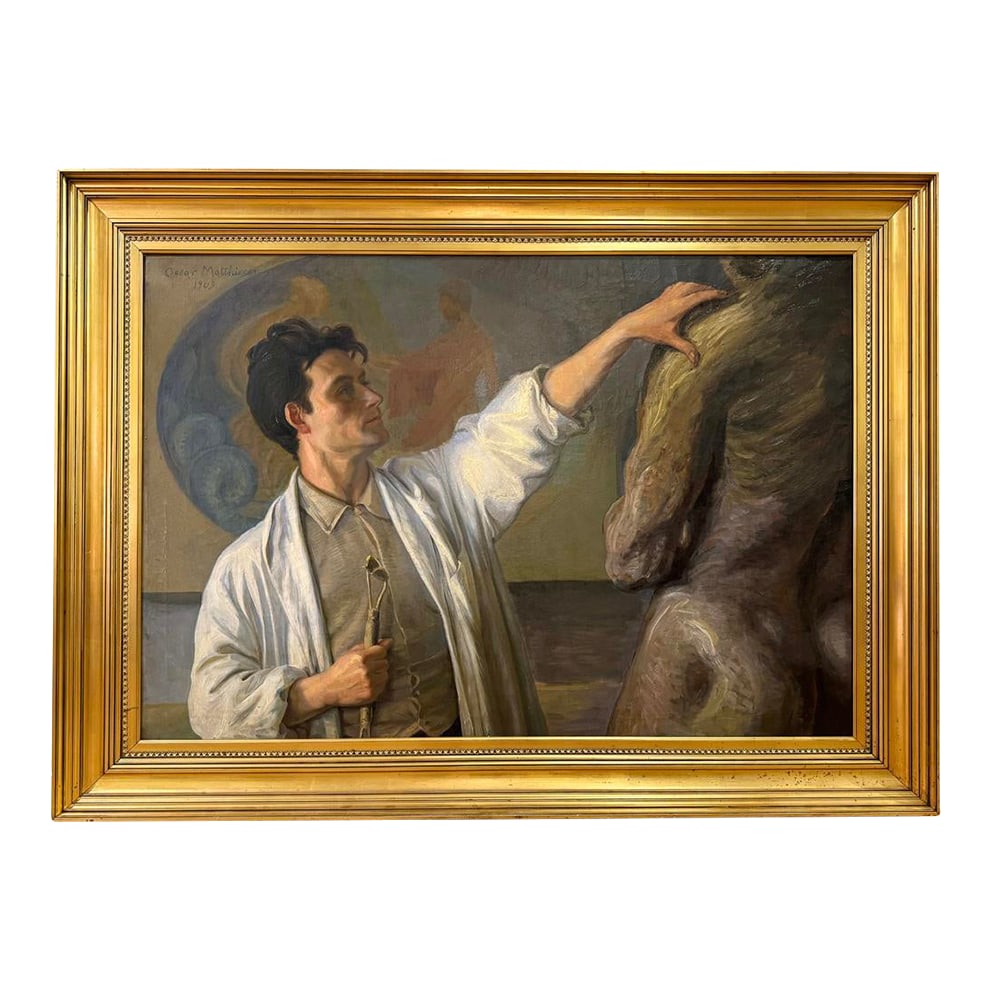 Oscar Matthiesen (1861-1957) "Sculpting the Nude," Monumental Danish Oil Painting: Brilliantly capturing the intensity and artistry of the sculptor at work, this large and important painting by Oscar Matthiesen depicts his subject with wild, unkempt hair and a lean frame. The
