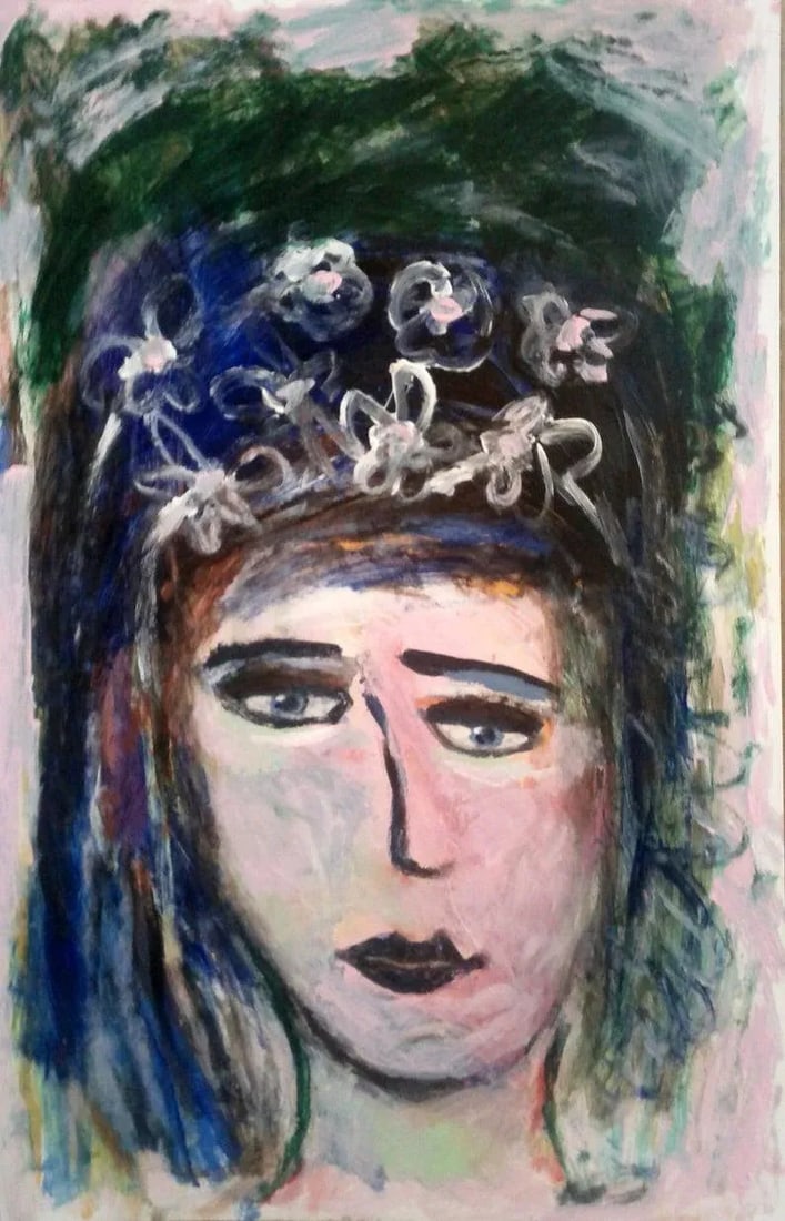 The Starry Eyed Girl Contemporary Abstract Figurative Acrylic Painting: I love painting faces. This painting is just from my imagination. I love flowers, too and have always wanted to have flowers all around me. In the Renaissance and Medieval times, it was wonderful to