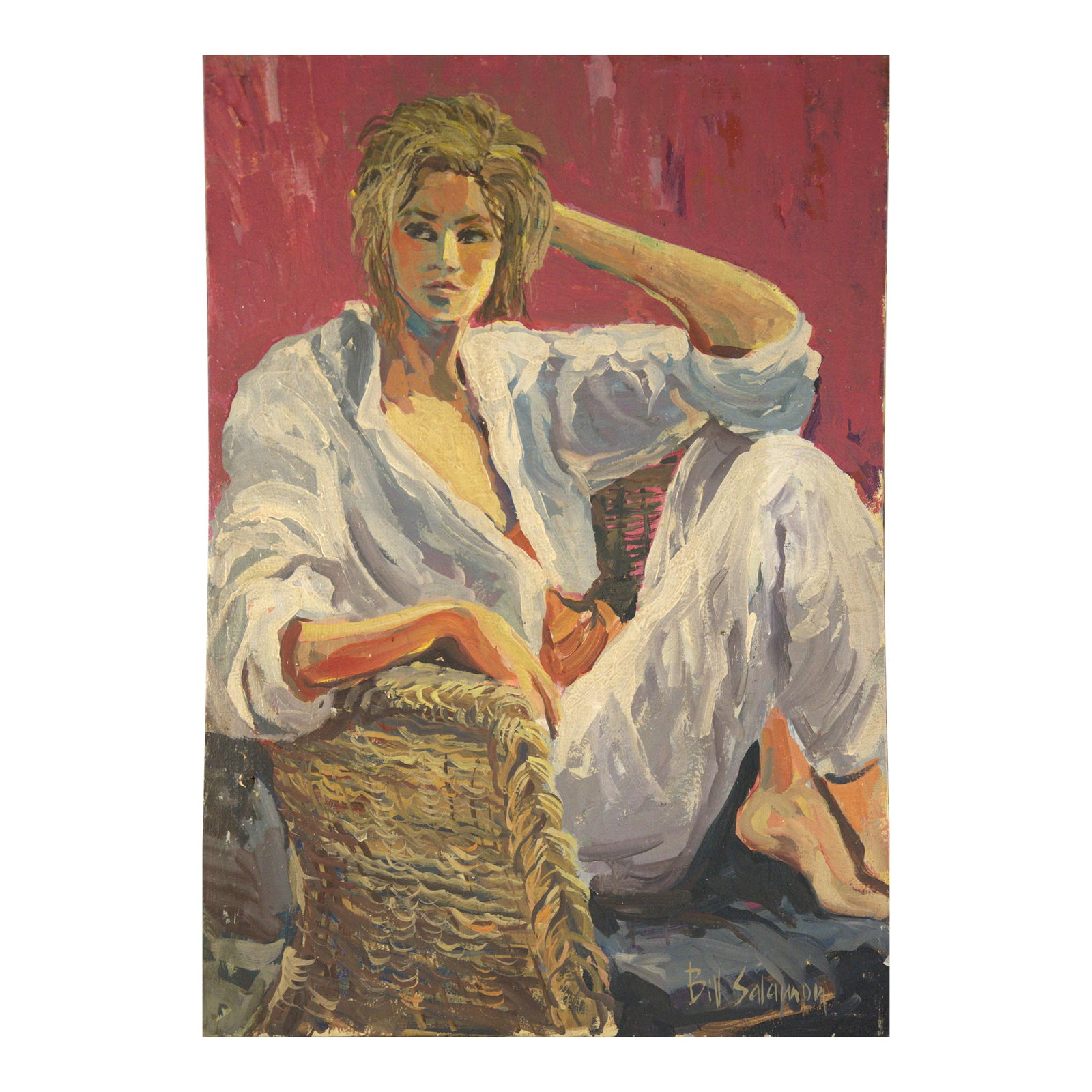 1980s Signed Bill Salamon Figurative Oil Painting of Seated Blonde Woman, 25.5" X 36": A captivating large-scale California Abstract Expressionist figurative oil painting by celebrated artist and Holocaust survivor Bill Salamon, perfect for Mid-Century Modern or Postmodern interiors.