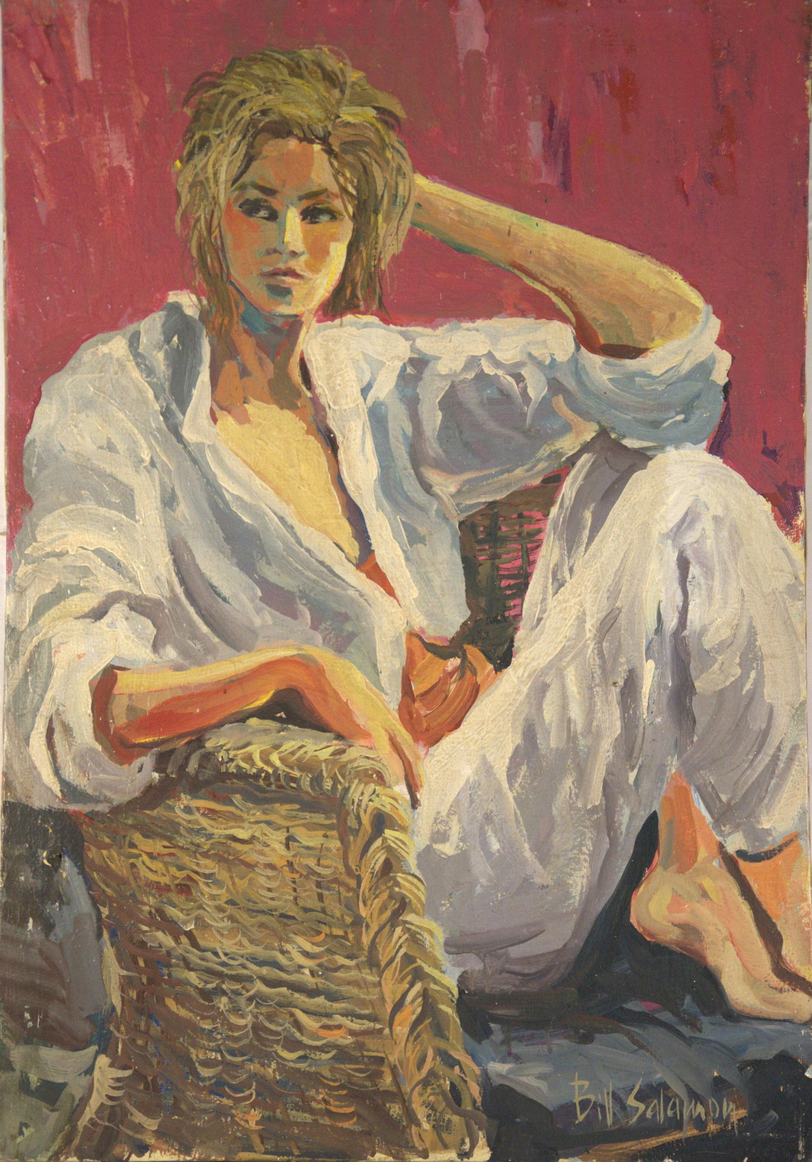 1980s Signed Bill Salamon Figurative Oil Painting of Seated Blonde Woman, 25.5" X 36" - 2
