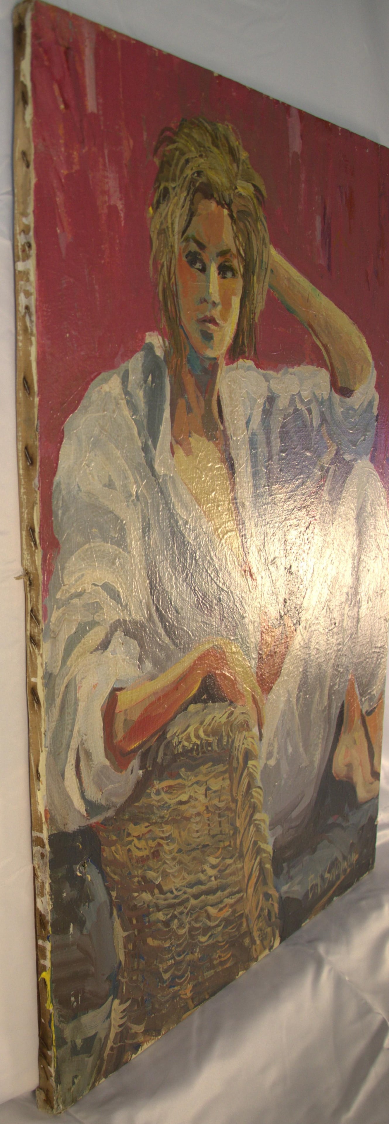 1980s Signed Bill Salamon Figurative Oil Painting of Seated Blonde Woman, 25.5" X 36" - 4
