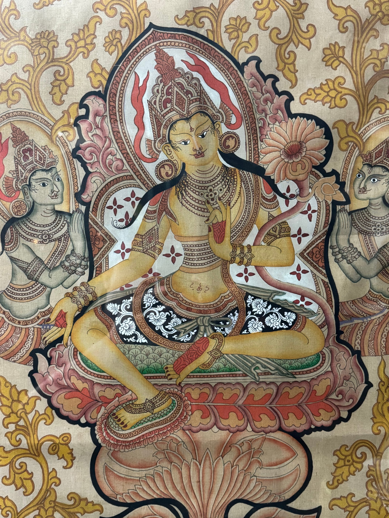 Antique Gilt Framed Hand Painted Tibetan Buddhist Green Tara Thangka Painting - 2