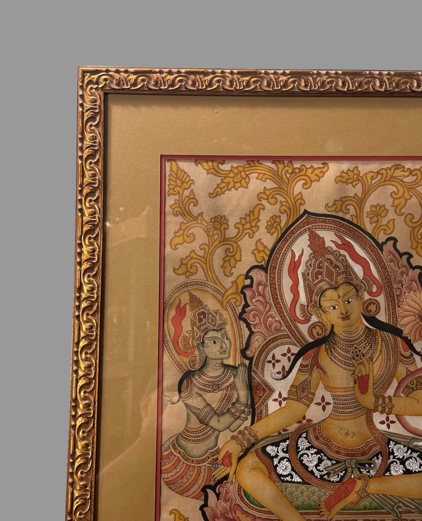 Antique Gilt Framed Hand Painted Tibetan Buddhist Green Tara Thangka Painting - 3