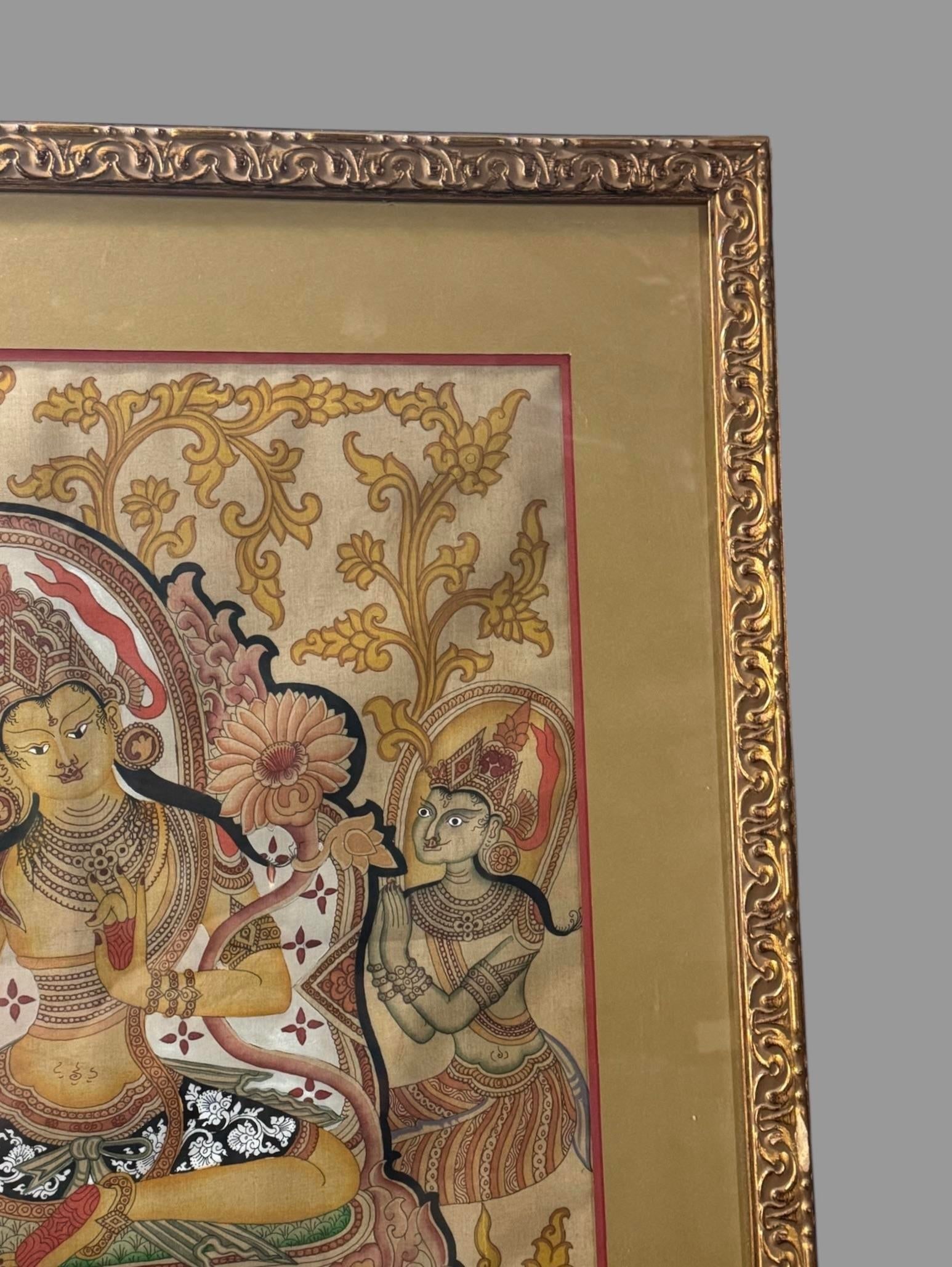 Antique Gilt Framed Hand Painted Tibetan Buddhist Green Tara Thangka Painting - 4