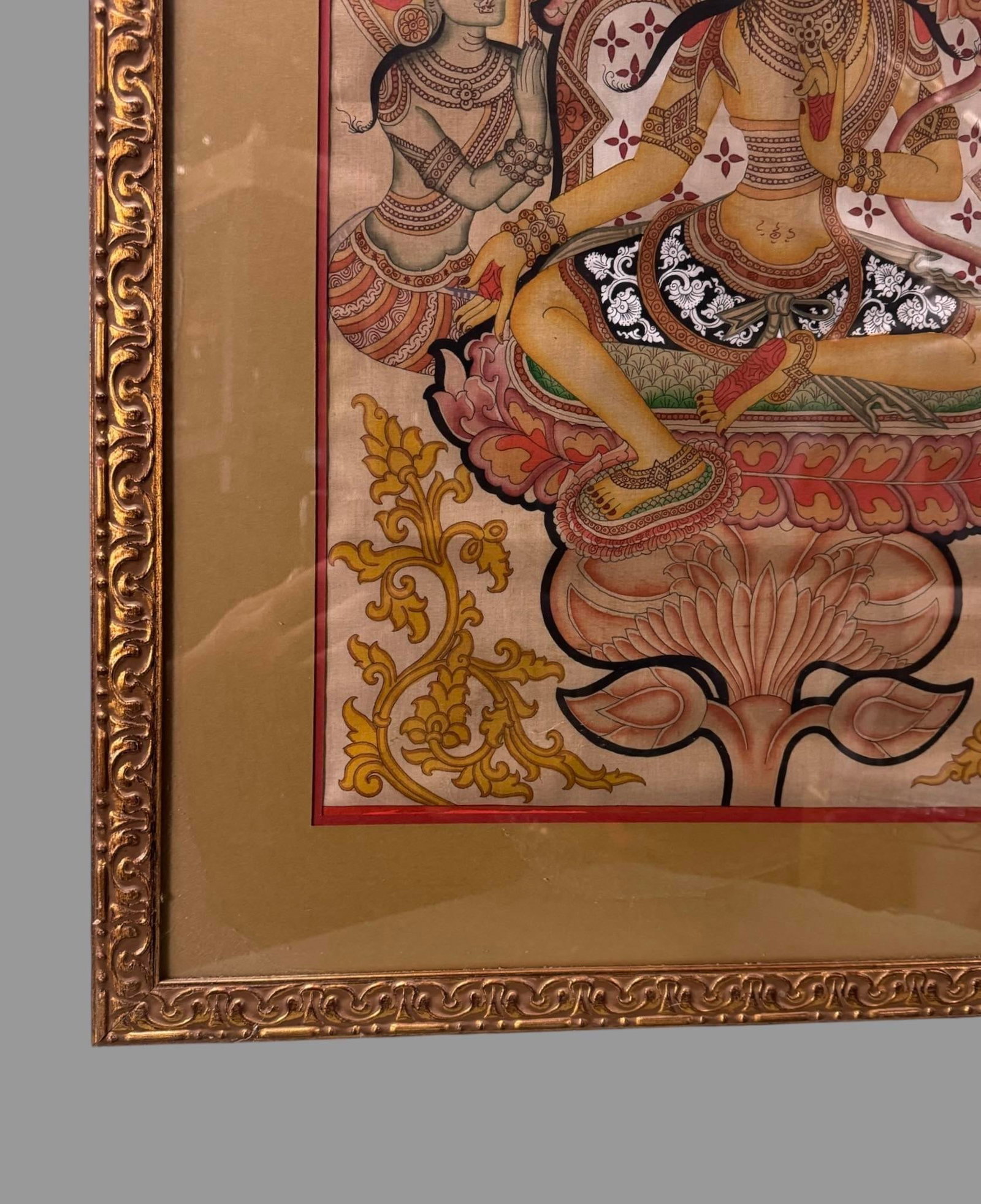 Antique Gilt Framed Hand Painted Tibetan Buddhist Green Tara Thangka Painting - 5