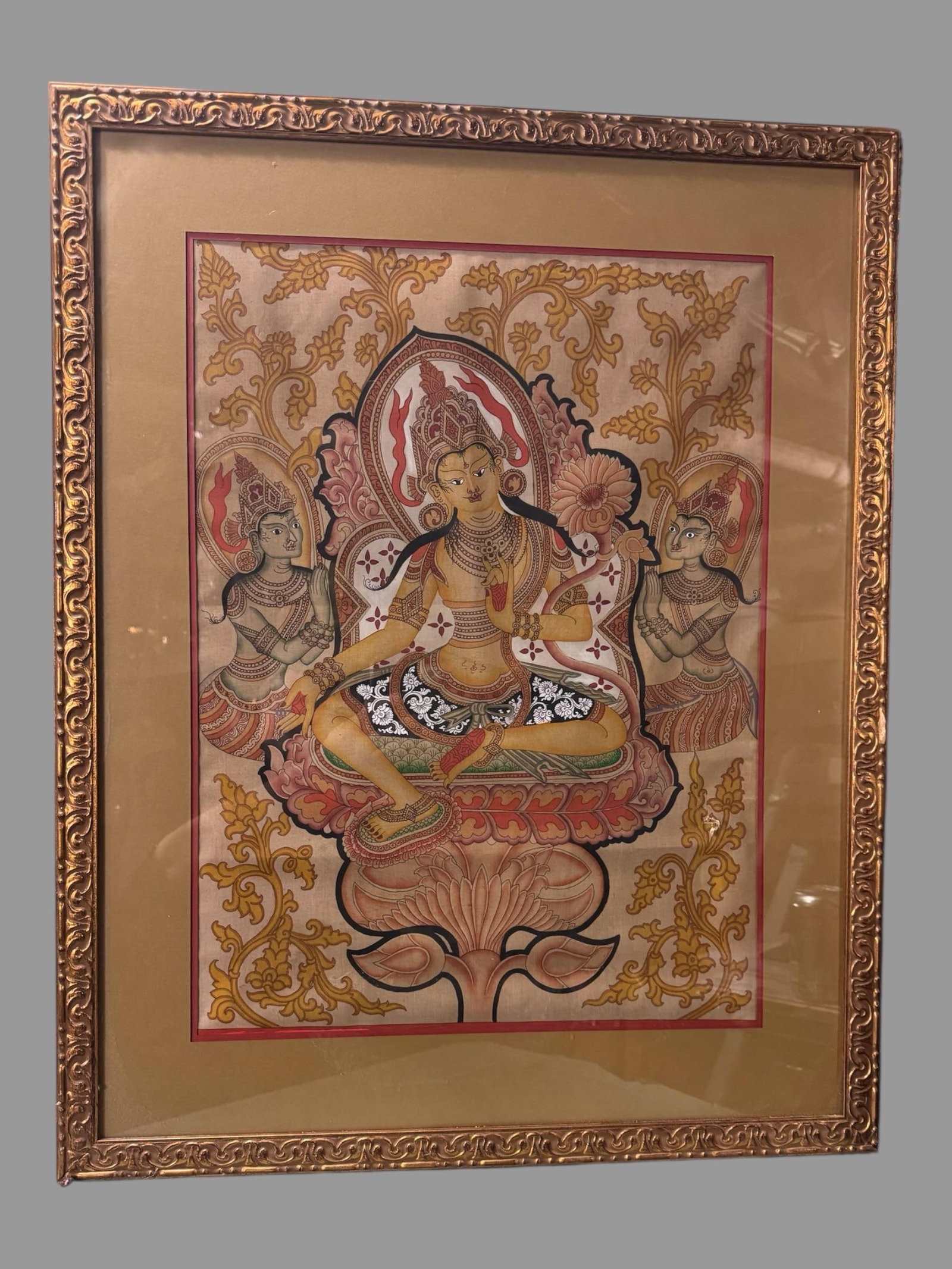 Antique Gilt Framed Hand Painted Tibetan Buddhist Green Tara Thangka Painting - 8