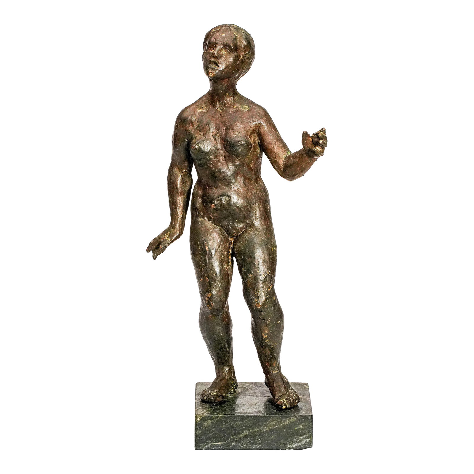 Solid Bronze Female Nude Sculpture on Marble Base Antique Statue: A striking study in strength and serenity, this antique solid bronze sculpture captures the timeless beauty of the female form with a raw, expressive presence. Crafted around 1915, this piece