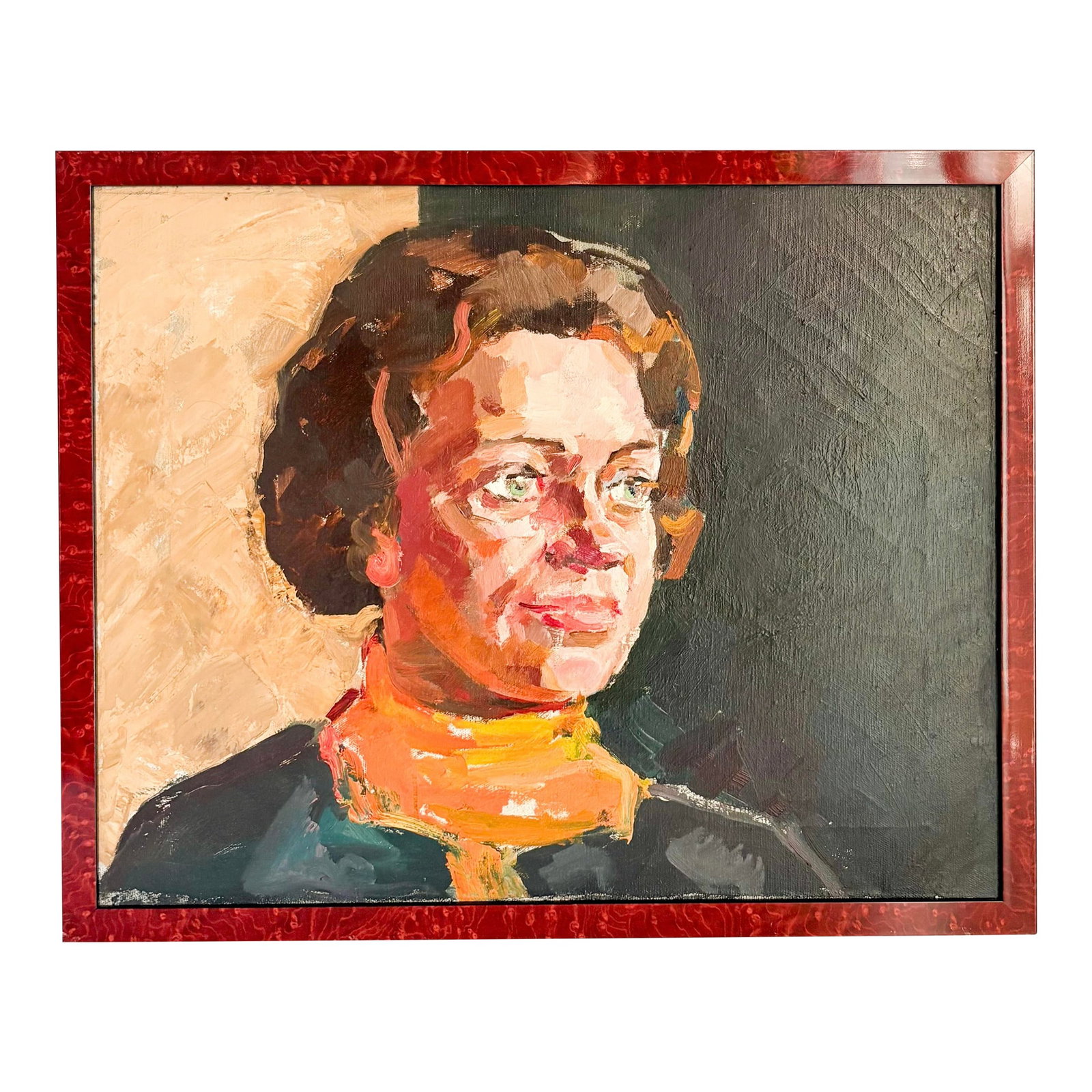 1960's Woman Portrait Oil Painting: This vibrant hued and texture-rich oil painting is a portrait that captivates, enchants and fills you with joy. The woman, with her gorgeous green eyes and orange turtleneck is framed in a lacquered