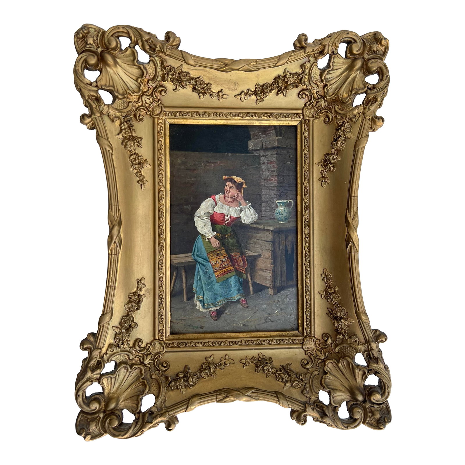 Antique Oil Painting of Spanish Woman in Wood Carved Frame: Vintage Oil Painting in Wood carved Frame. No signature. *Measuring 10" x 13.25" x 2.75" . *The Inside measurements are 4.63" X 7.5 Condition: Alterations: Original Condition Unaltered Imperfections: