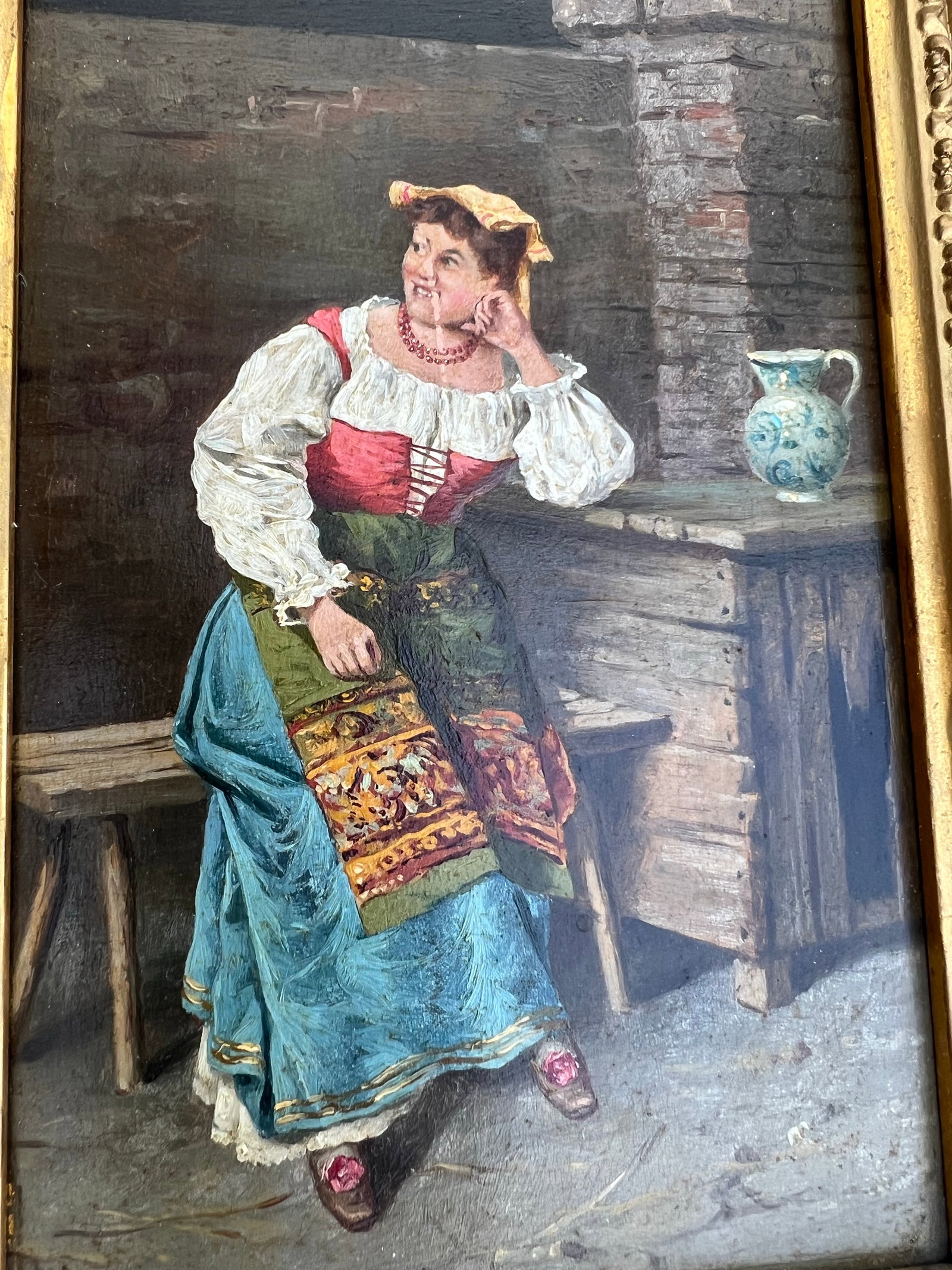 Antique Oil Painting of Spanish Woman in Wood Carved Frame - 3
