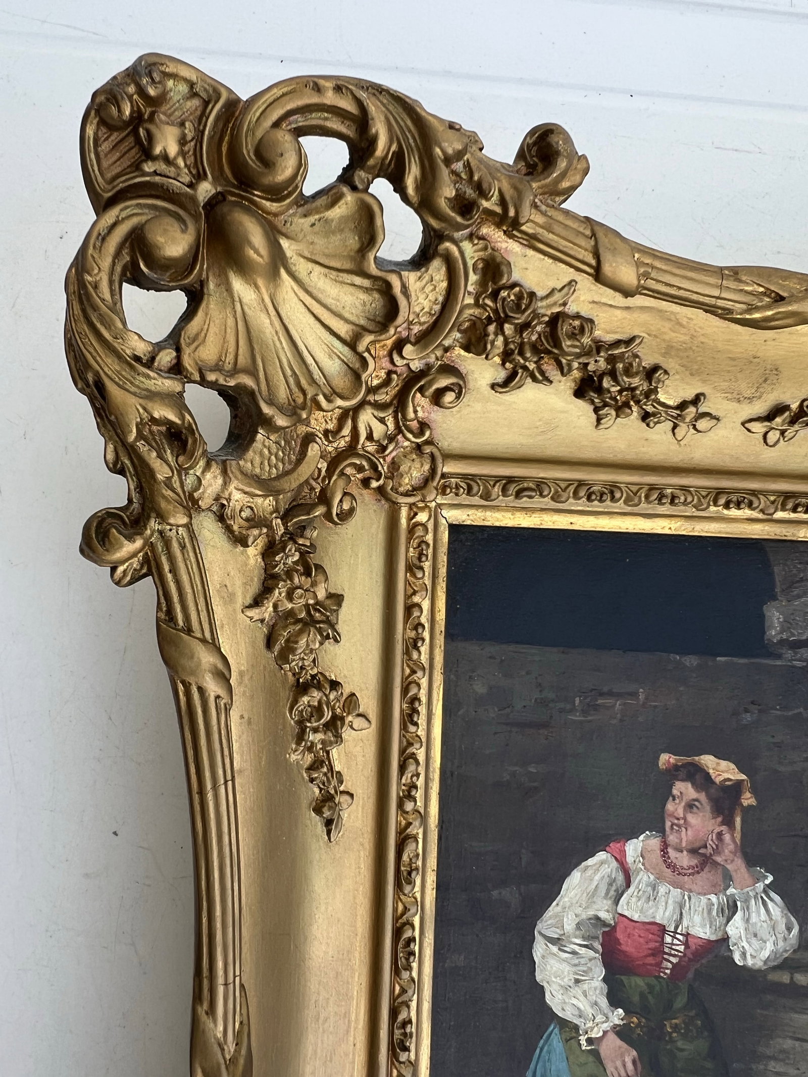 Antique Oil Painting of Spanish Woman in Wood Carved Frame - 4