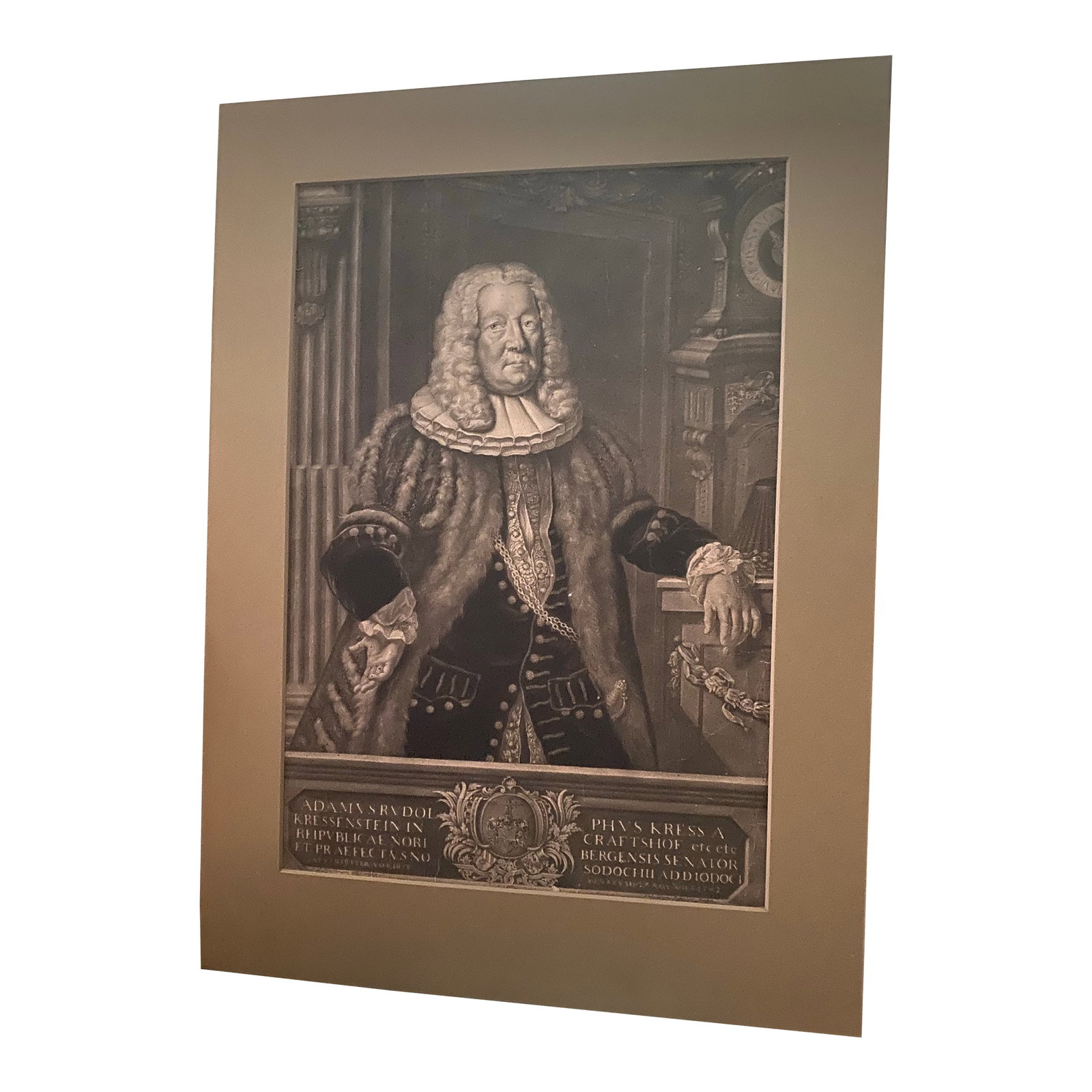 18th-Century German Mezzotint Portrait of Adam Rudolph Kress Von Kressenstein.: Mezzotint is an intaglio printmaking technique that produces a rich, tonal image, often used for portraits of nobility and prominent figures during the 17th and 18th centuries. This technique