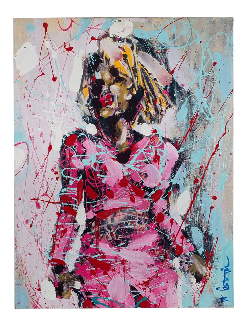 Portrait of a Woman in Pink Contemporary Modernist Abstract Figurative Oil Painting by Costain: Modern Impressionistic Portrait of a Woman in Pink by Costain. Oil on canvas. Condition: Alterations: Original Condition Unaltered Imperfections: Some Imperfections Condition Notes: -This item is in