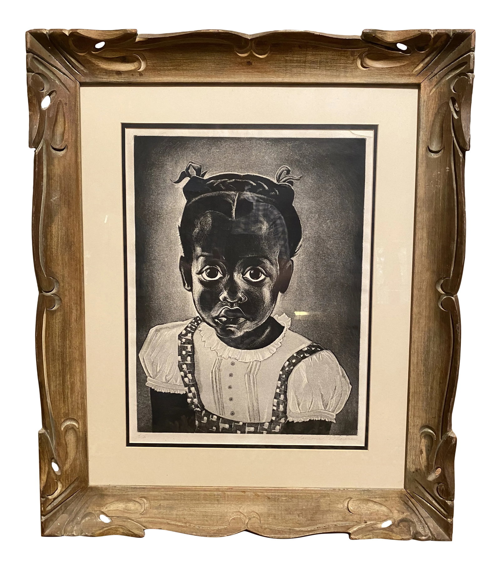 Mid 20th Century Portrait of a Child Lithograph by Loraine Moore, Framed: Loraine Elizabeth Moore (1911-1988) was an American printmaker. Active in Oklahoma. This is a fantastic lithograph of a very beautiful young black girl. You can just see the innocence in her