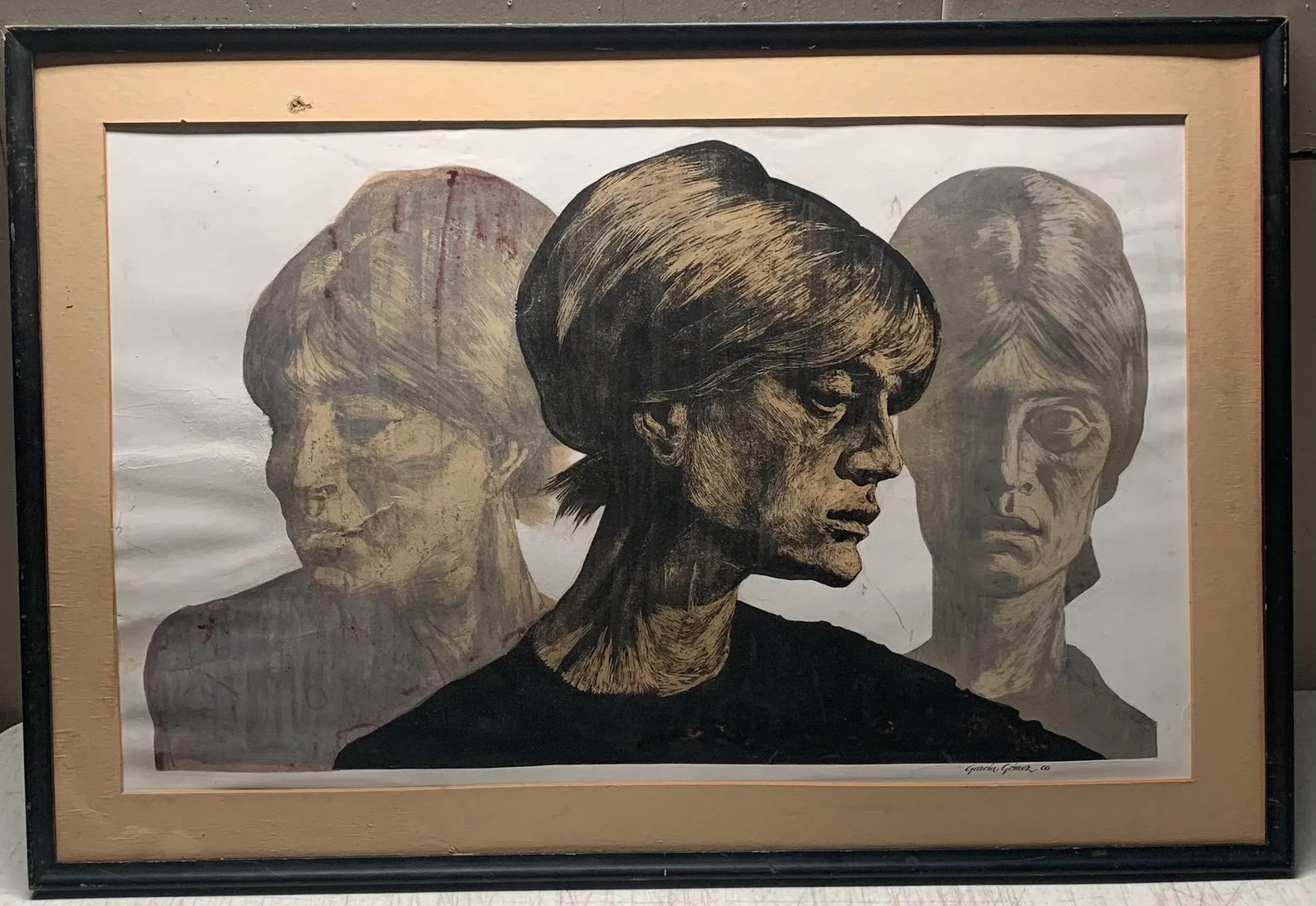 1966 "Three Women Portrait" Spanish School Mixed-Media Painting by Francisco Garcia Gomez, Framed - 8