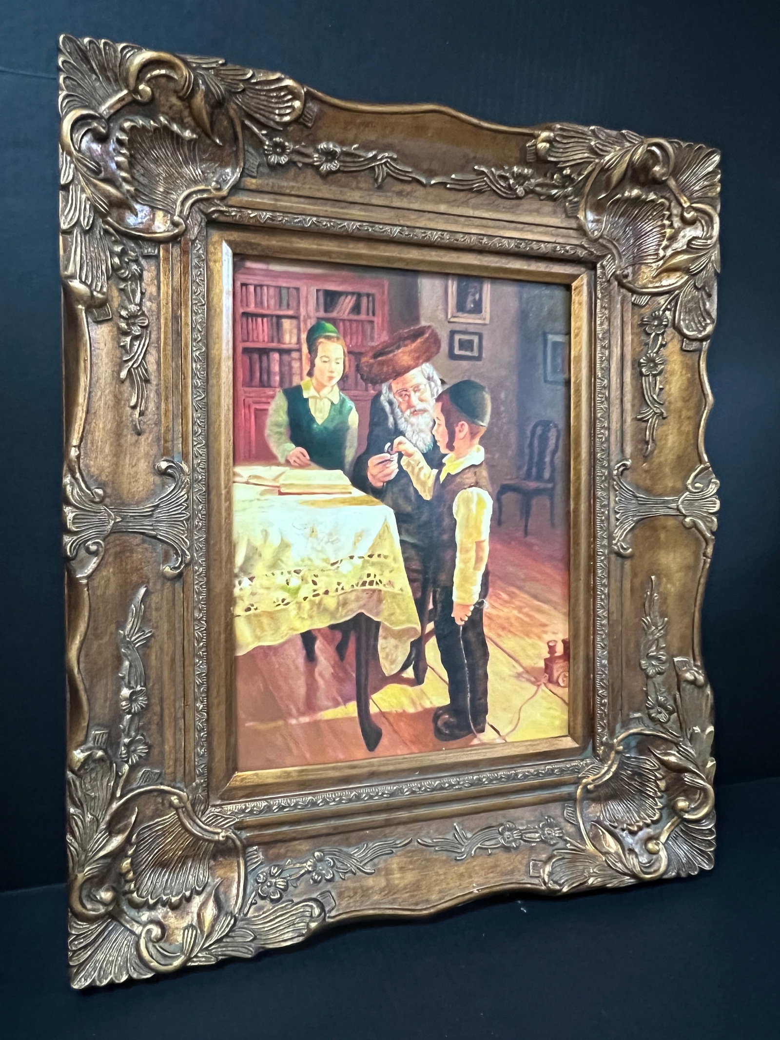 Judaica Art Oil Painting Portrait of Rabbi and Children With Gold Gilt Wooden Frame - 2