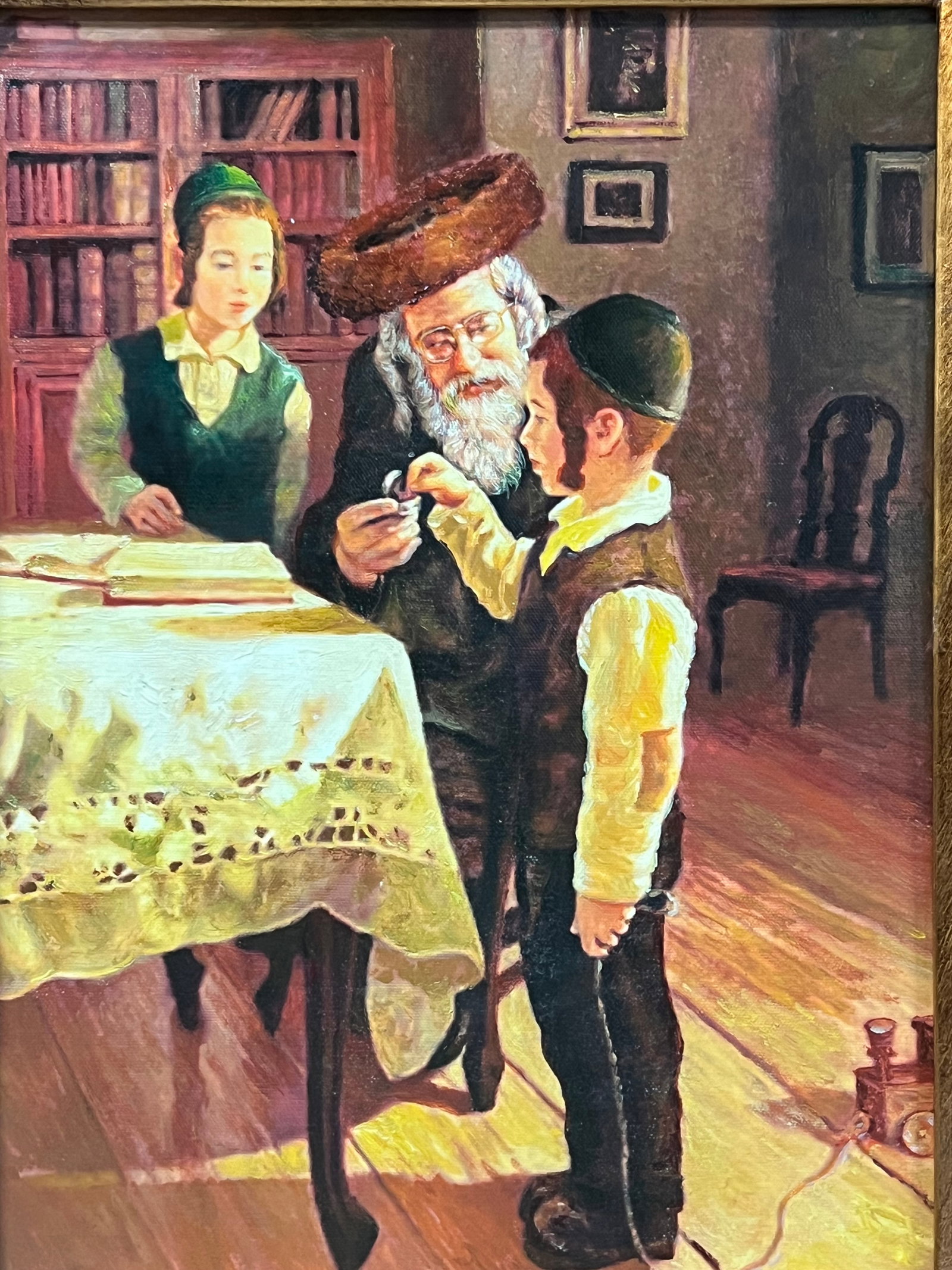Judaica Art Oil Painting Portrait of Rabbi and Children With Gold Gilt Wooden Frame - 3