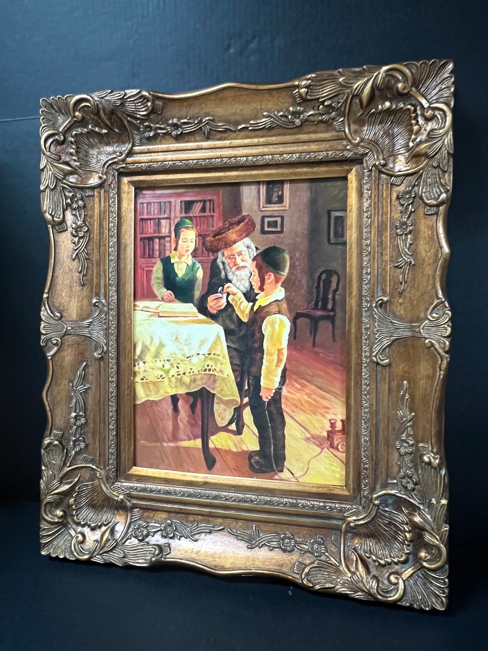 Judaica Art Oil Painting Portrait of Rabbi and Children With Gold Gilt Wooden Frame - 4