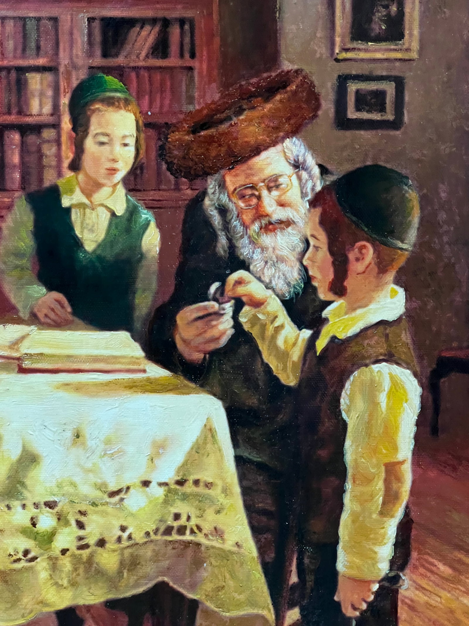 Judaica Art Oil Painting Portrait of Rabbi and Children With Gold Gilt Wooden Frame - 5
