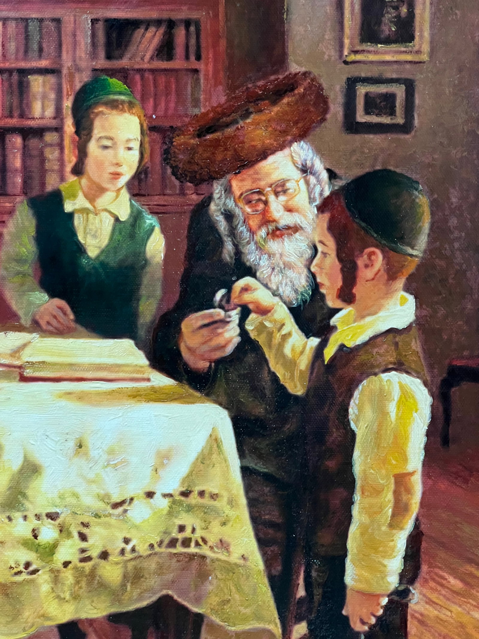 Judaica Art Oil Painting Portrait of Rabbi and Children With Gold Gilt Wooden Frame - 6