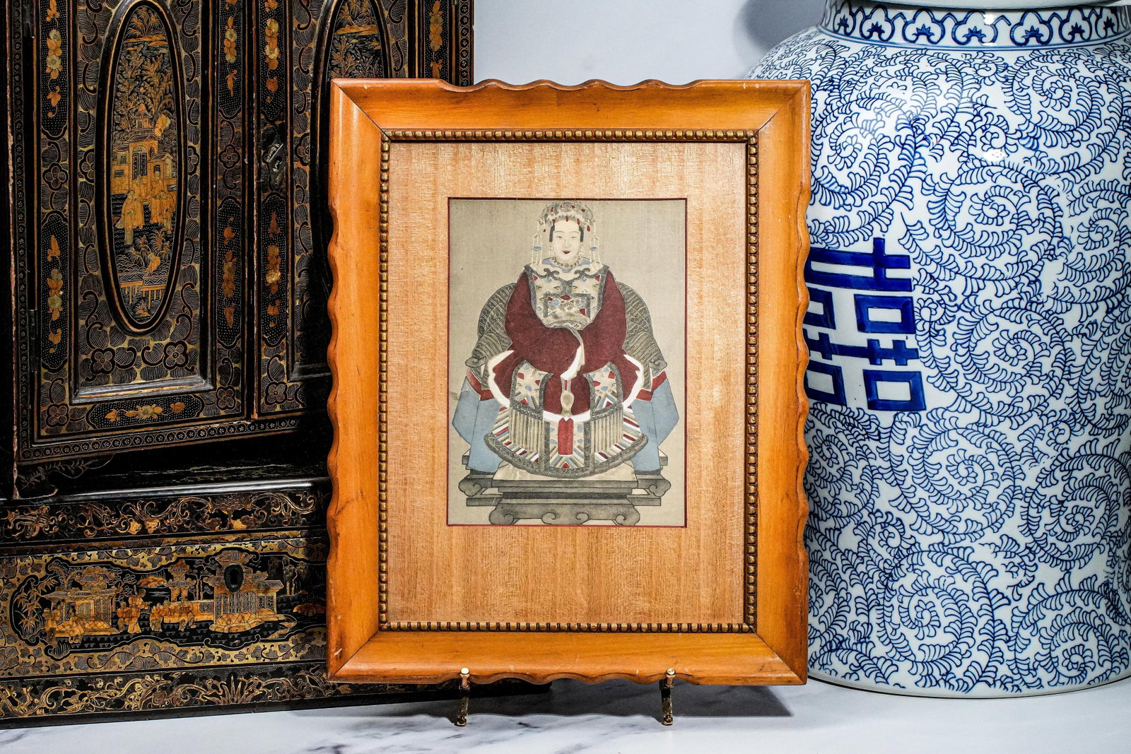 Wonderful Antique Chinese Ancestral Portrait Miniature Painted Asian Wood Frame - 2