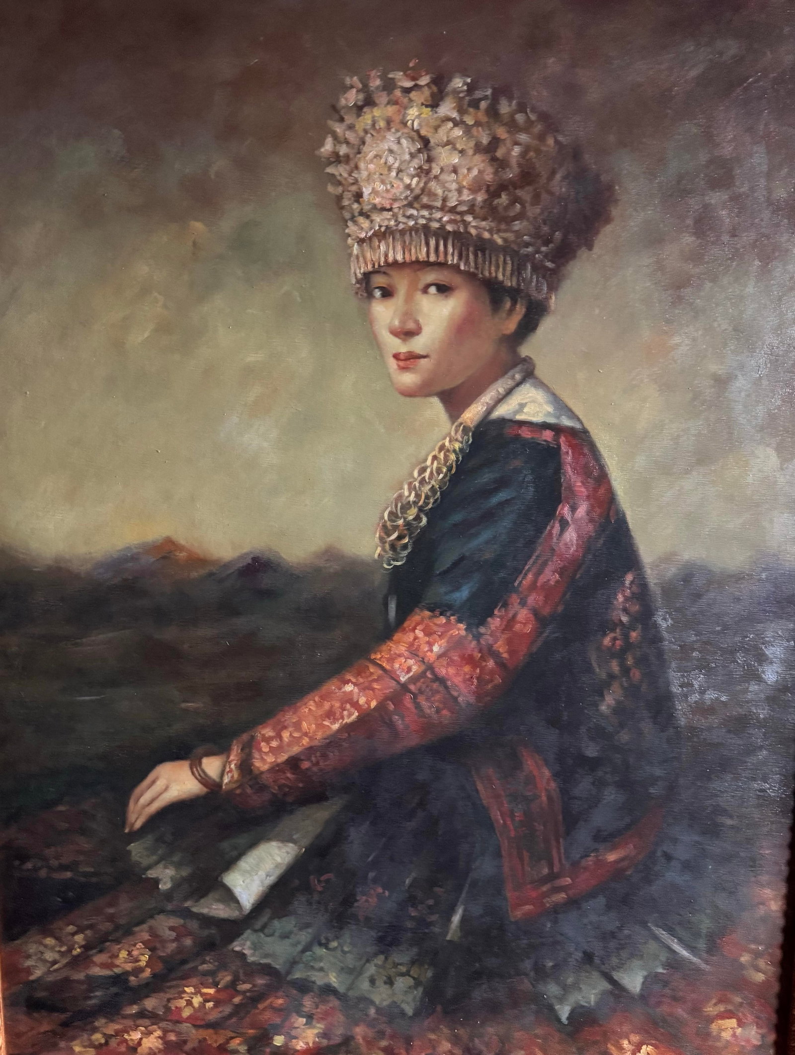 Large Original Oil Painting Chinese Portrait Woman in Traditional Headdress Framed - 2
