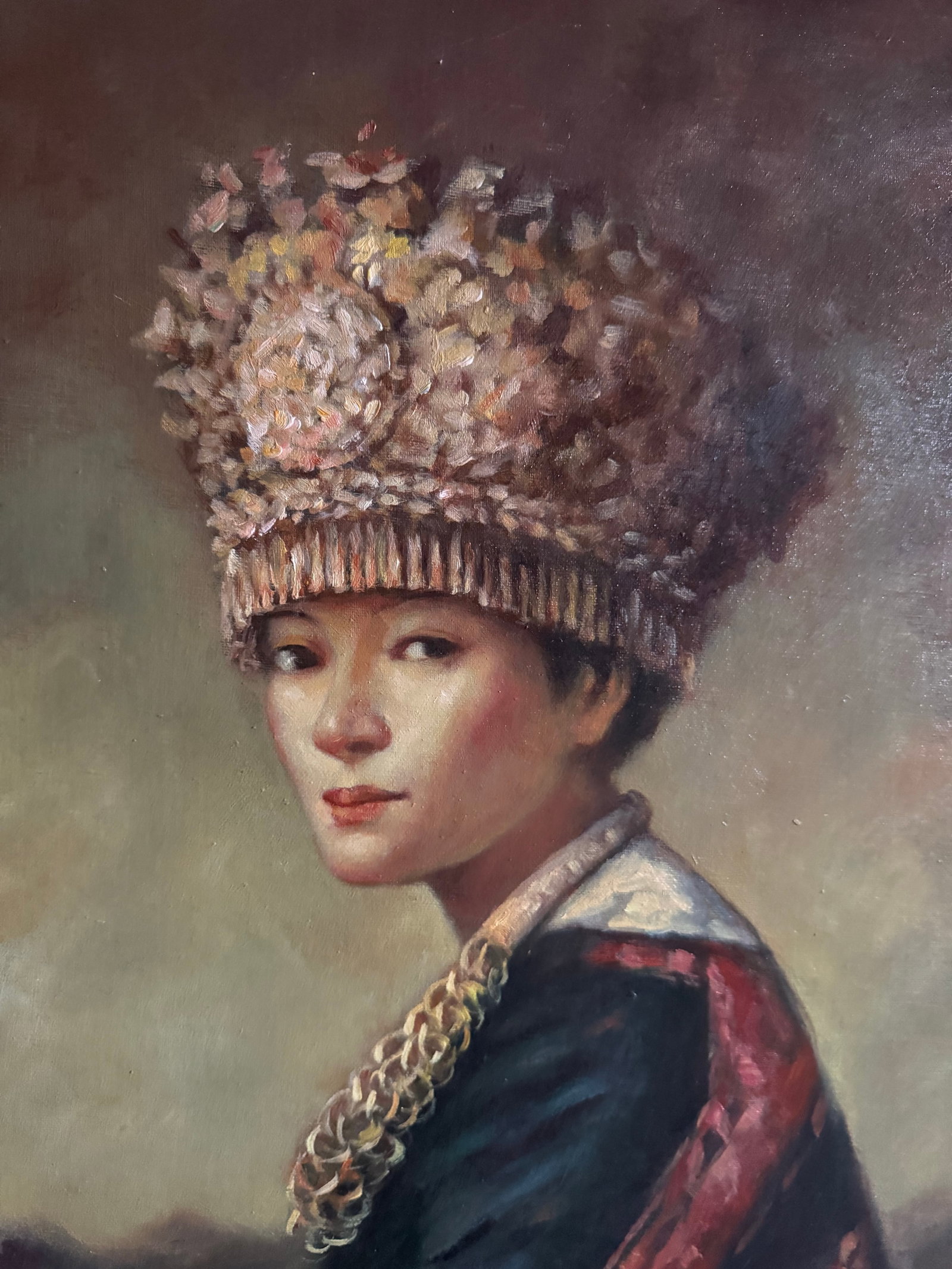 Large Original Oil Painting Chinese Portrait Woman in Traditional Headdress Framed - 3