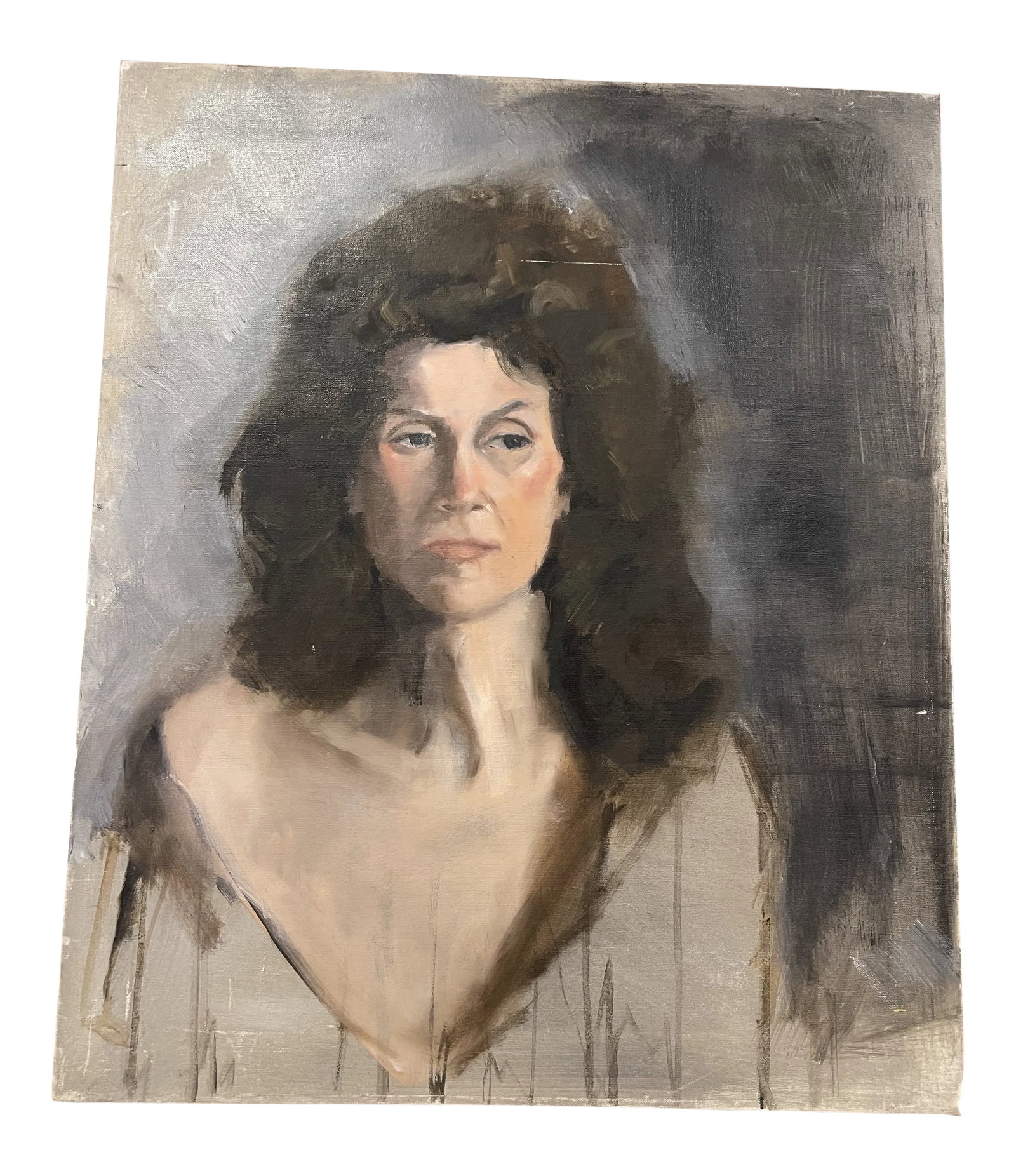 Mid 20th Century Portrait Oil Painting of a Woman: beautifully rendered, Vintage impressionist style portrait painting of a woman (oil on canvas) 1950s is an approximation in terms of date. acquired from an estate sale in Connecticut many years ago.