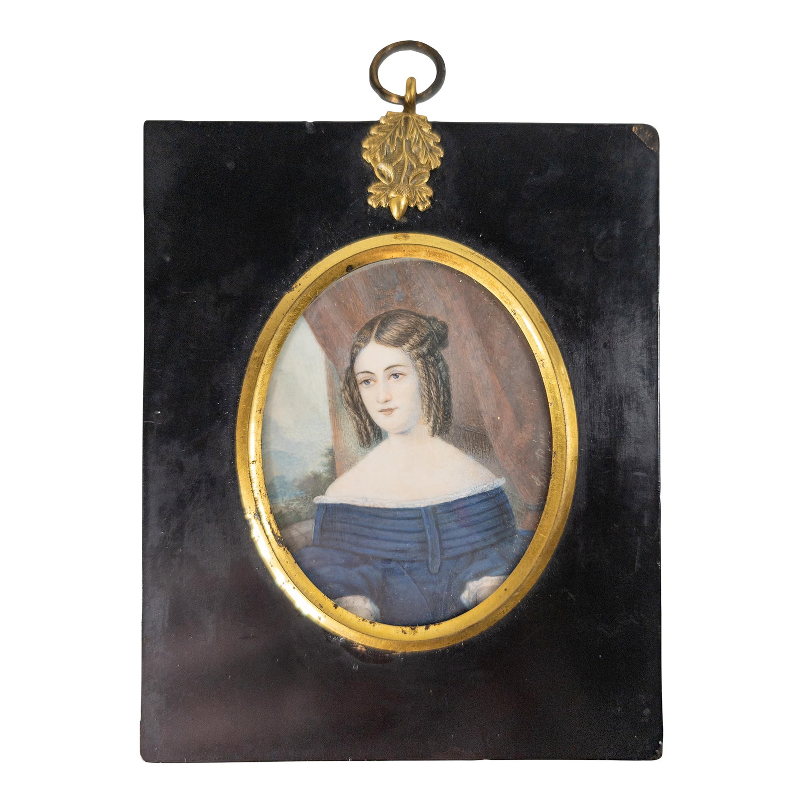 19th Century Miniature Portrait Painting of a Young Lady, Signed Lippoto: We are selling this well painted miniature of a young woman. The young woman is posed in an interesting dress with fancy curls. The sitter is posed in front of a red drapery and an open window with