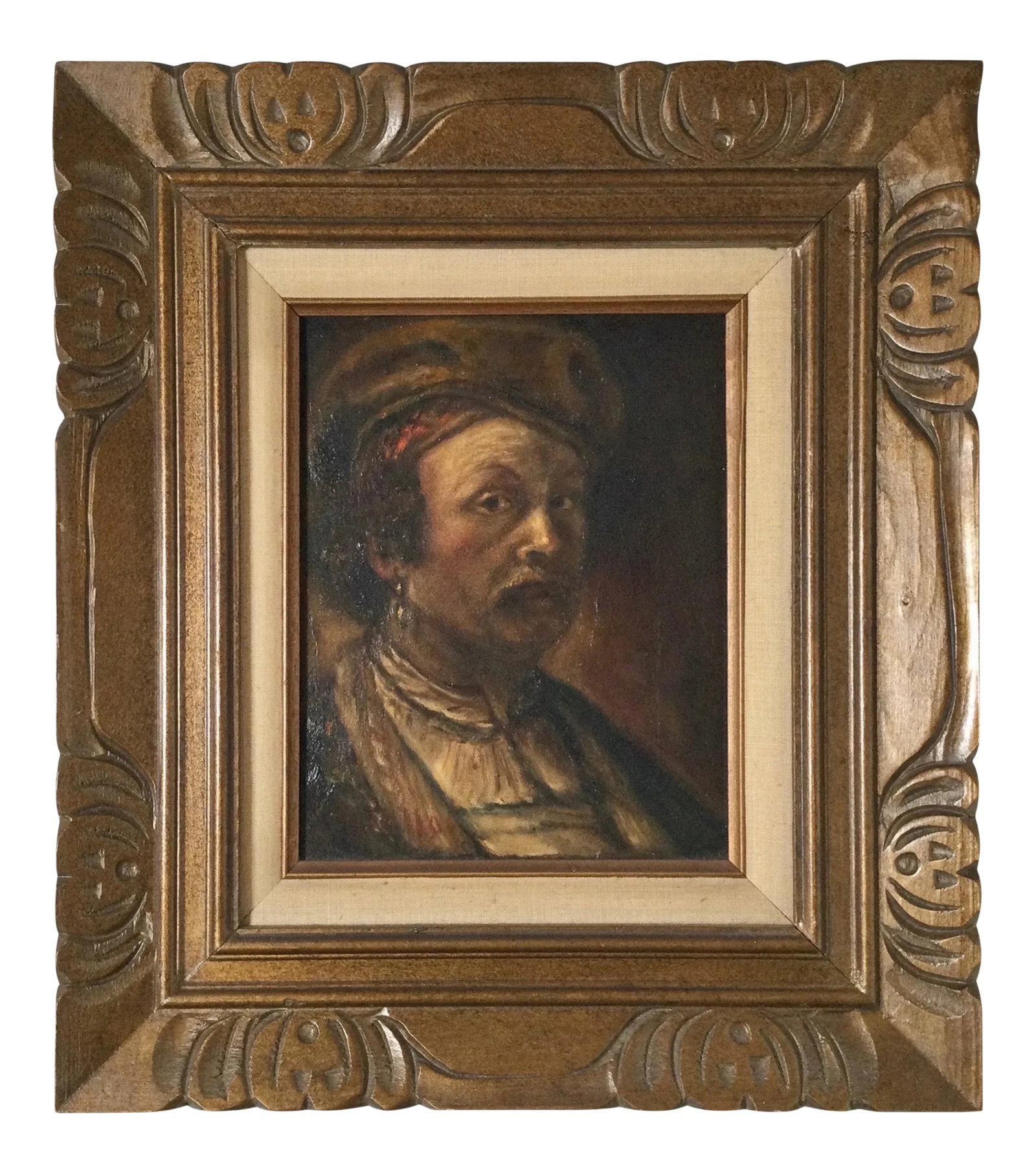 Mid 20th Century Portrait of a Medieval Man Oil Painting Signed Costello, Framed: Oil painting of a medieval man with drop earing, signed on lower corner Costello. Original caved wood Frame. Circa 1950's. Framed 17.5 tall, 15.5 wide, unframed 10 tall, 8 wide. Condition: