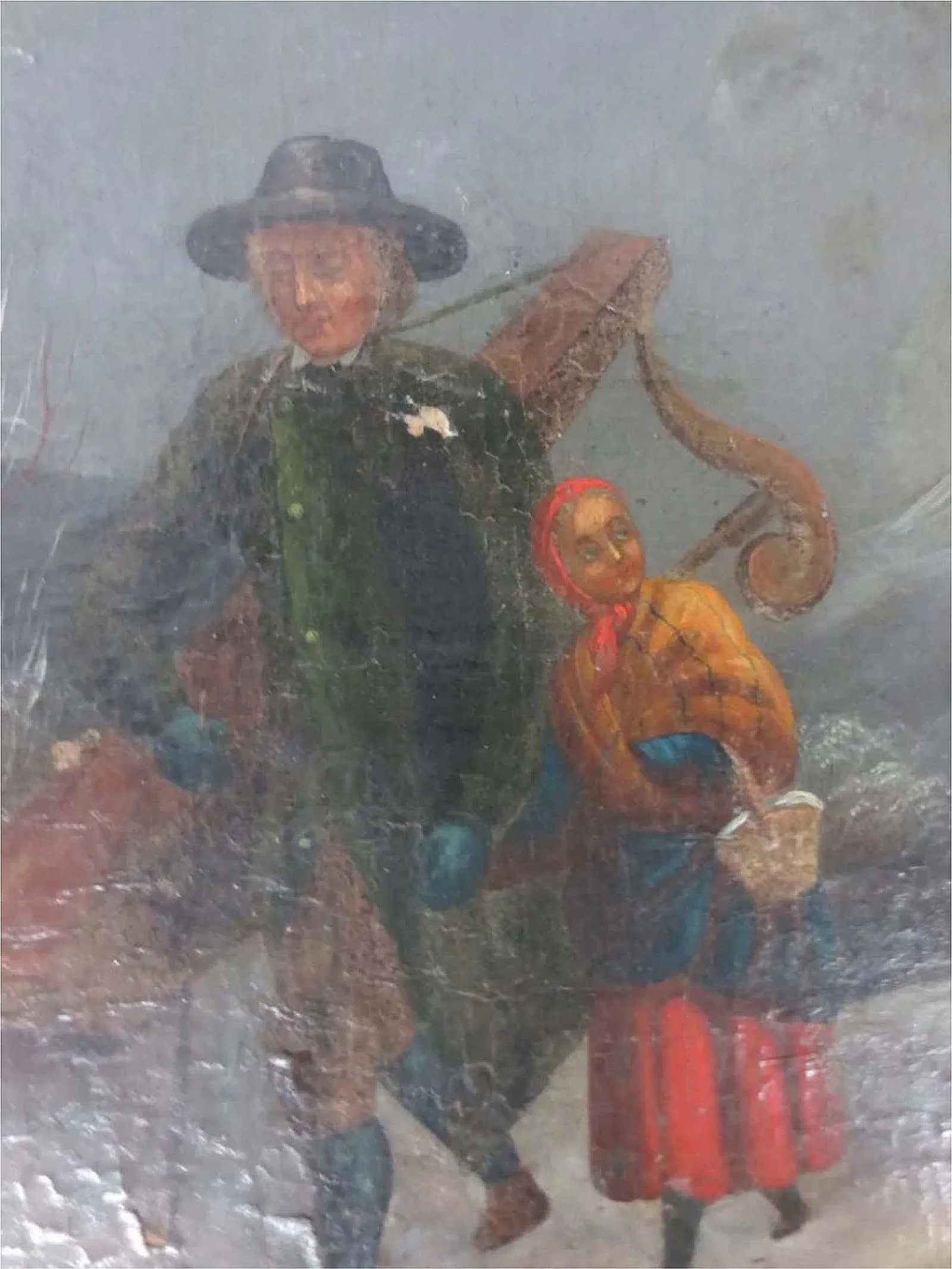 Circa 1910 "Traveler with Harp" Figurative Oil Painting, Framed - 2