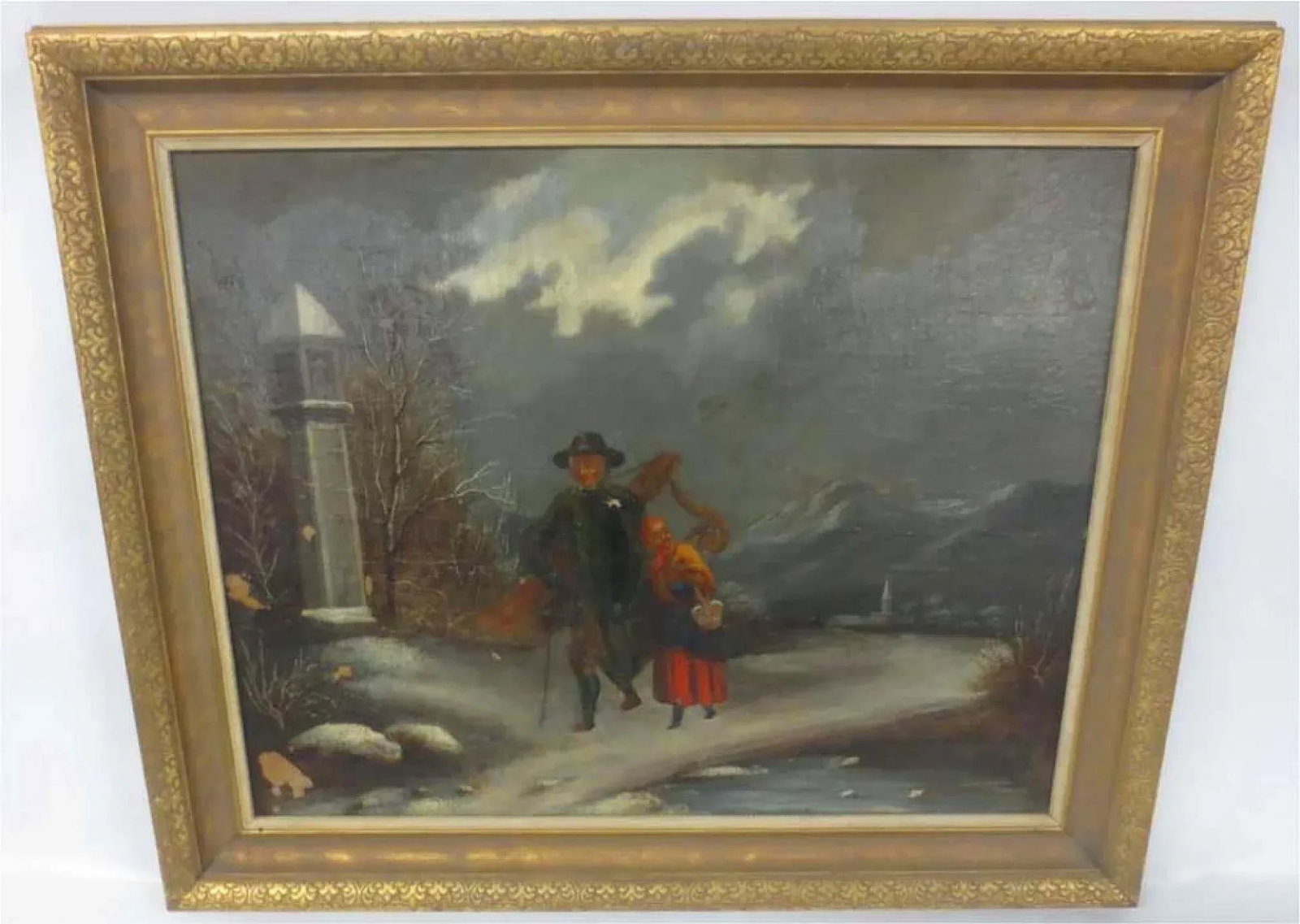 Circa 1910 "Traveler with Harp" Figurative Oil Painting, Framed - 4