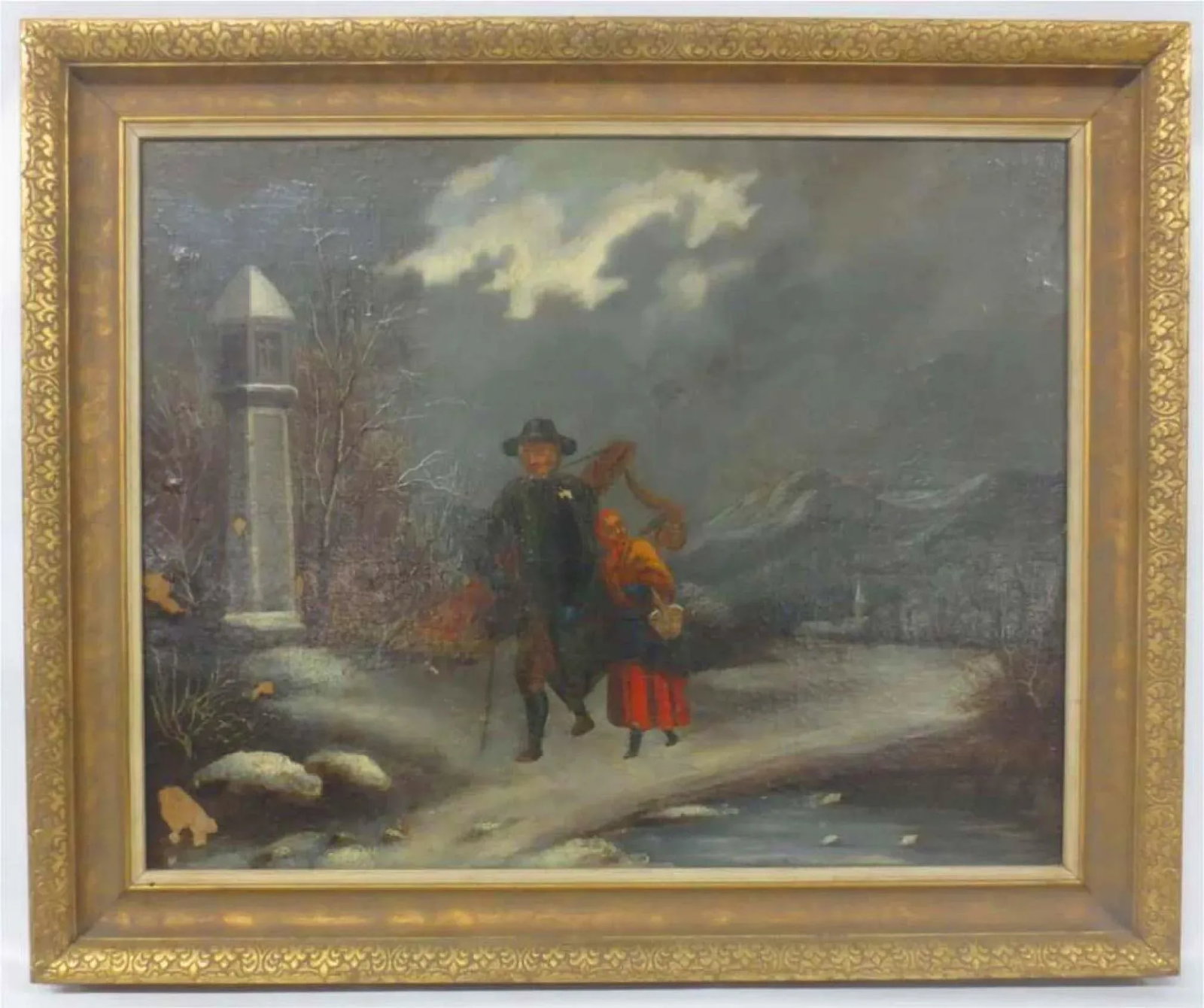 Circa 1910 "Traveler with Harp" Figurative Oil Painting, Framed - 7