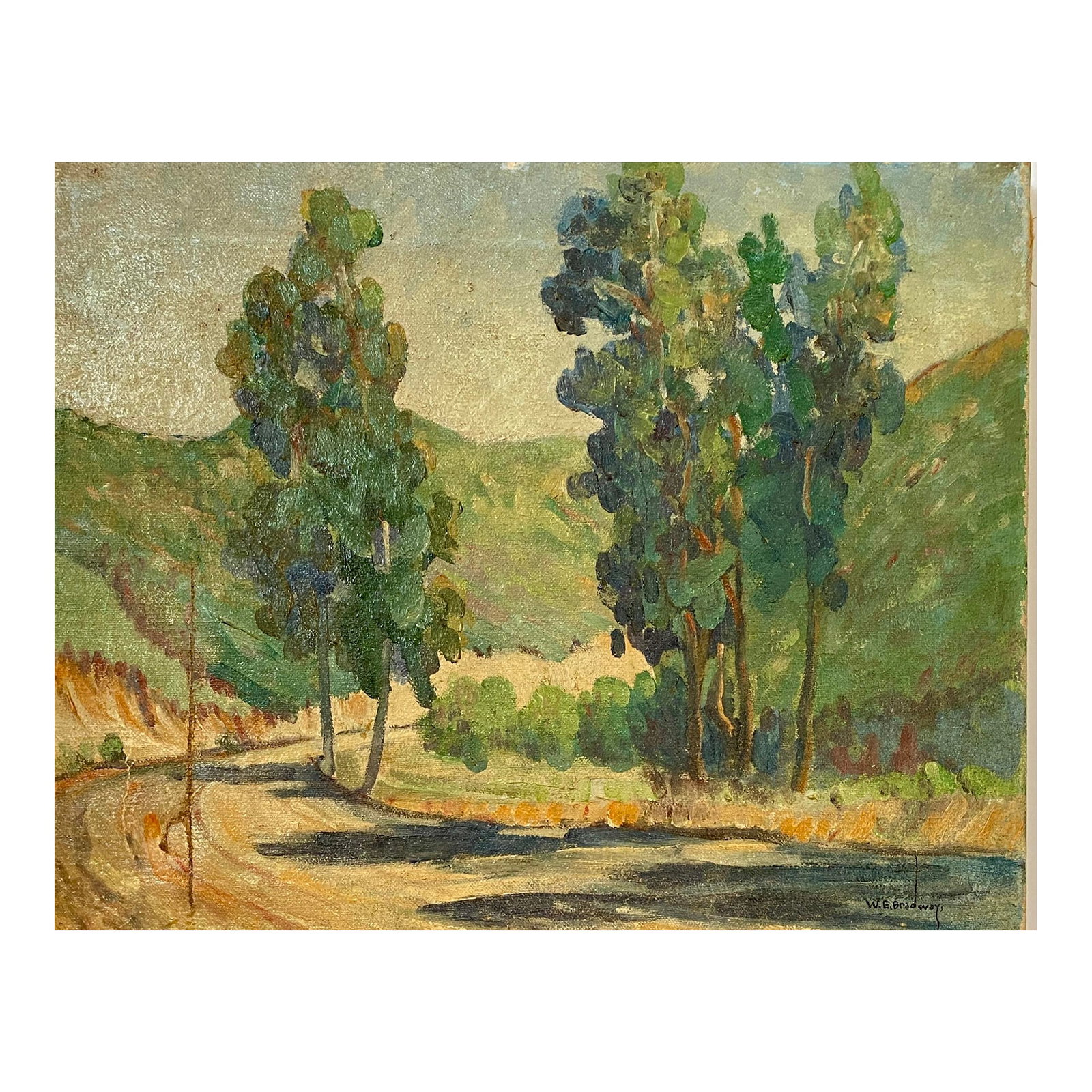 Early 20th Century Serene American Impressionist Landscape San Diego Painter California Wabi Sabi: Serene American Impressionist Landscape Antique San Diego Painter Early 1900s Damaged This beautiful American impressionist landscape is signed by Walter Earl Bradway and depicts a winding dirt road