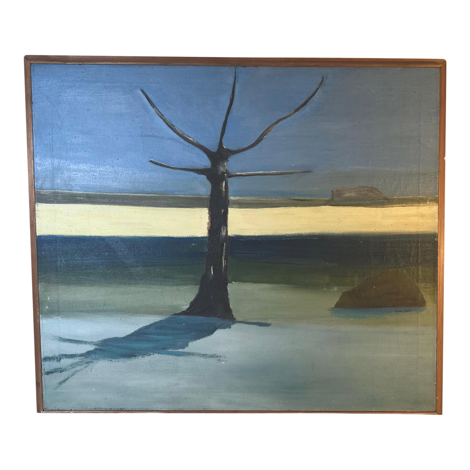 1960s Genevieve "Gen" Ash "Requiem" Modernist Landscape Oil Painting: Genevieve "Gen" Ashenberner's oil on canvas titled Requiem portrays a solitary tree casting a long shadow across a Pacific Northwest landscape. Measuring 30 * 24 inches (76 * 61 cm) and likely