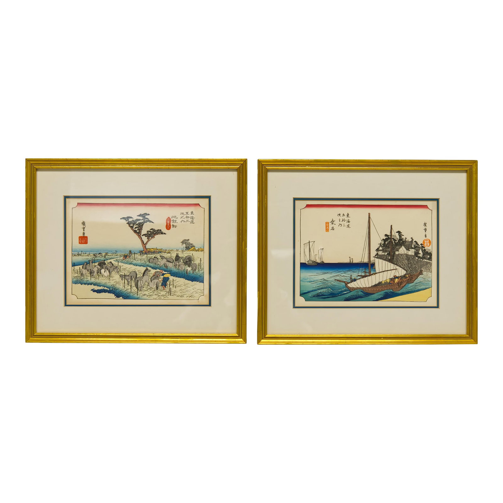 Tokaido Road Series by Ando Hiroshige Japanese Woodblock Prints a Pair: A pair of framed woodblock prints titled "Tokaido Road Series" by Ando Hiroshige depicting different landscapes and post stations of Japan. Labeled on the back, "43 Kuwana", "40 Chiryu", these are