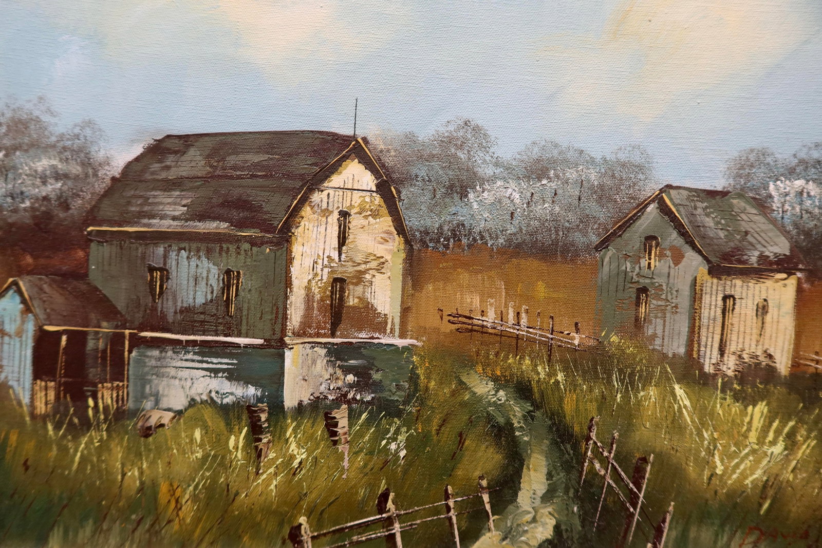 Vintage Original Barn Landscape Oil Painting, Signed and Framed - 2