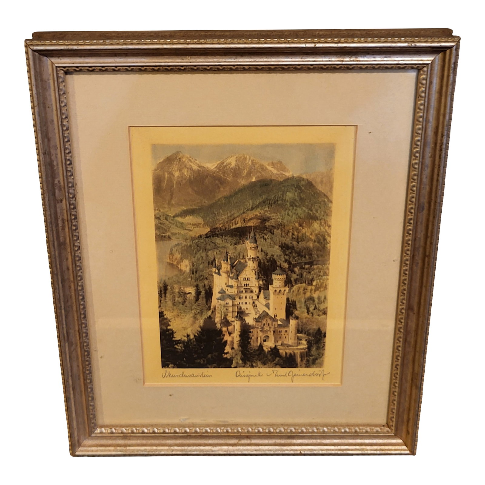Late 19th Century Ernst Geissendorfer Neuschwanstein Castle Frame Original Signed Framed: Found at an estate sale, this appears to be a rendering by German artist Ernst Geissendorfer depicting the actual Neuschwanstein Castle in Bavaria, Germany. The castle is located near the town of