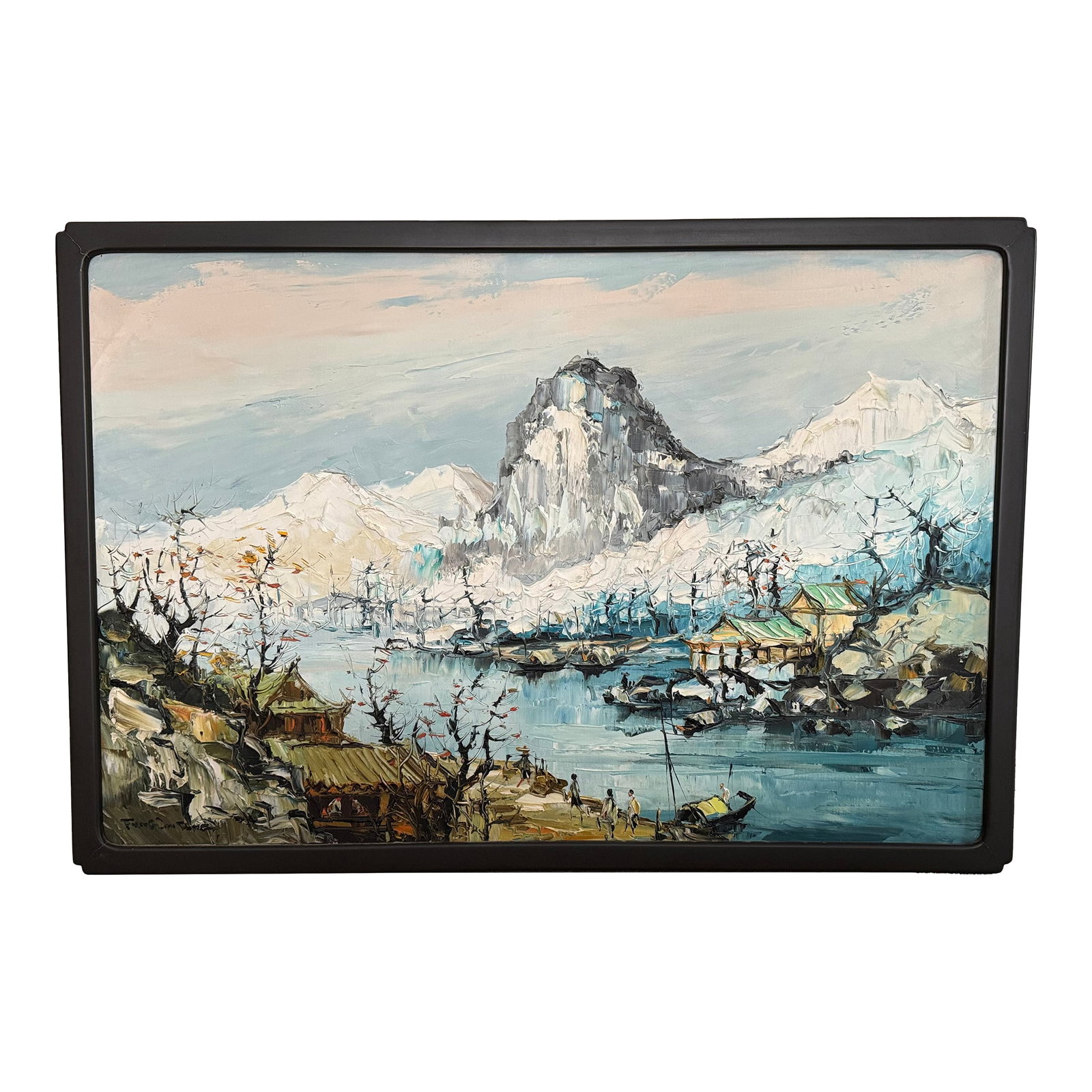 Mid Century Chinese Export Acrylic Expressionism - Signed: Beautiful vintage mid-20th century Export Chinese acrylic painting on canvas featuring a dramatic mountain and river scene with traditional homes. Painted in a textured impasto style, the artwork has