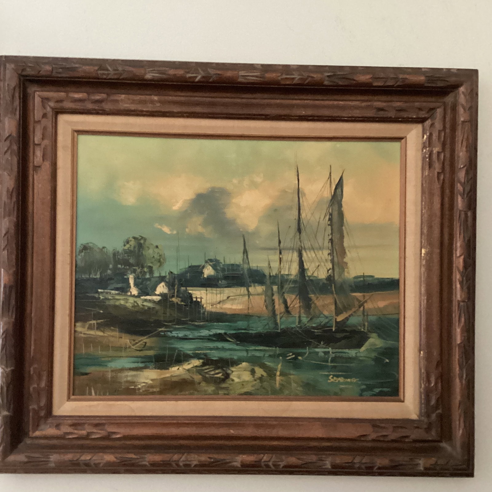 Mid 20th Century Painting on Canvas Nautical Ship Harbor Scene Signed Framed - 10