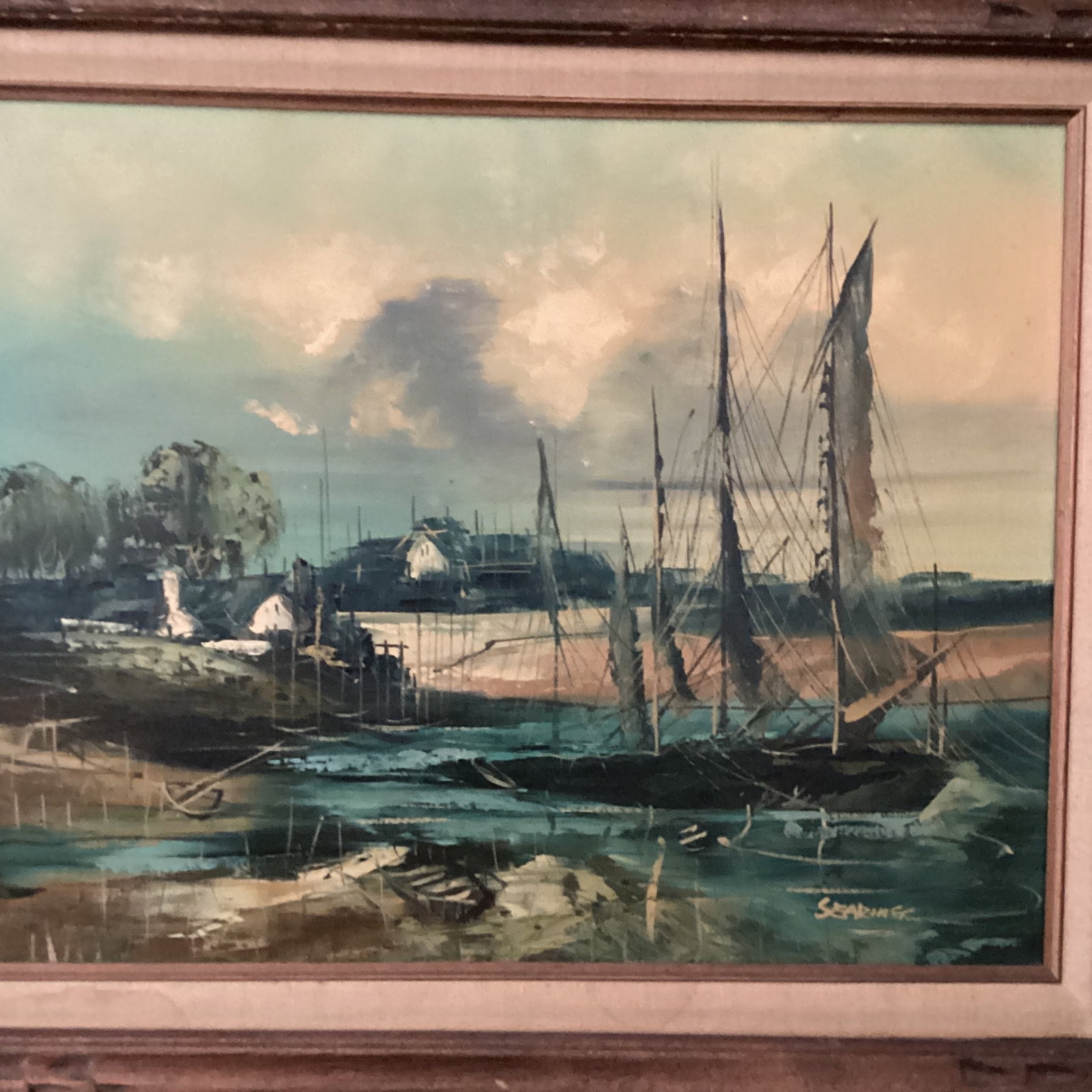Mid 20th Century Painting on Canvas Nautical Ship Harbor Scene Signed Framed - 11