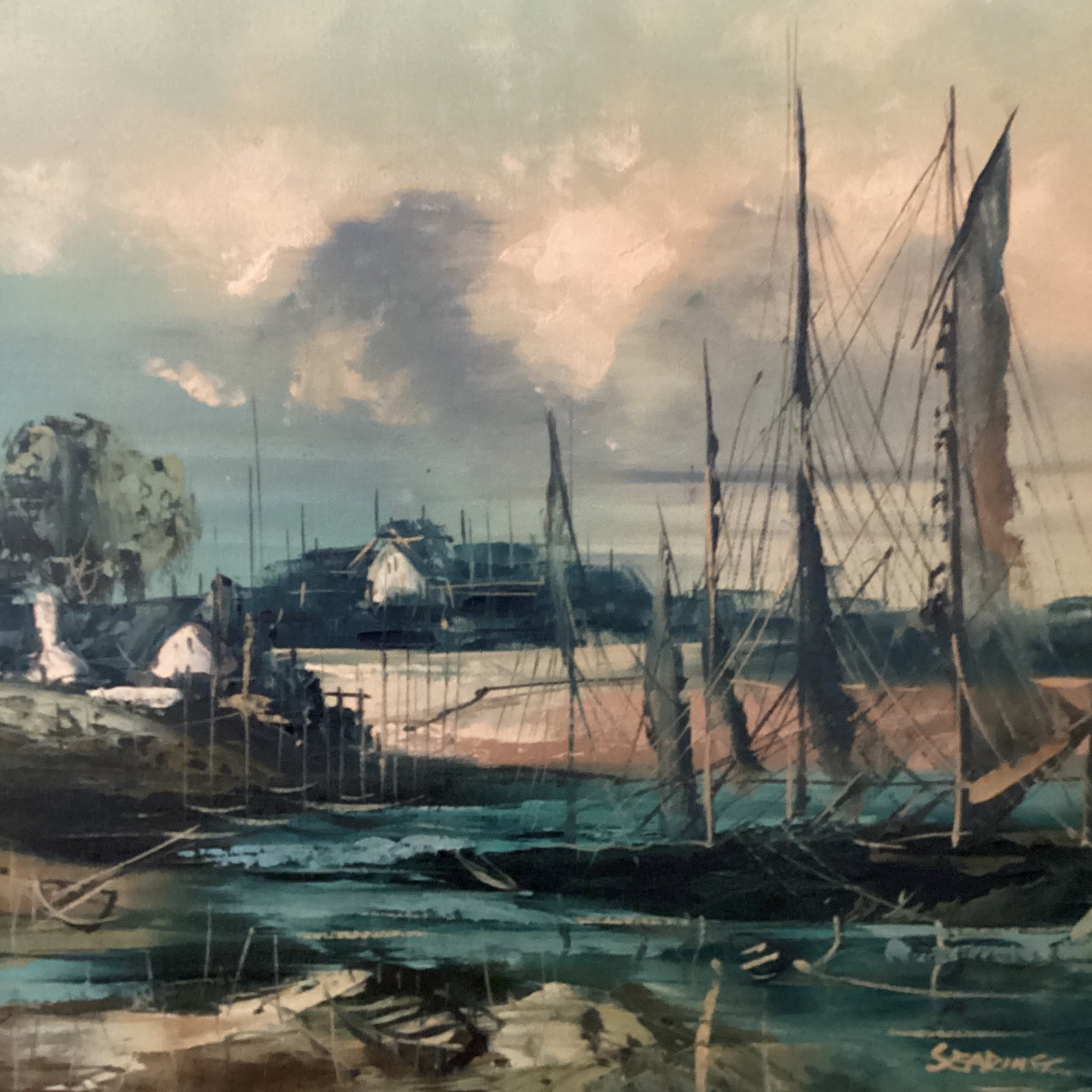 Mid 20th Century Painting on Canvas Nautical Ship Harbor Scene Signed Framed - 12