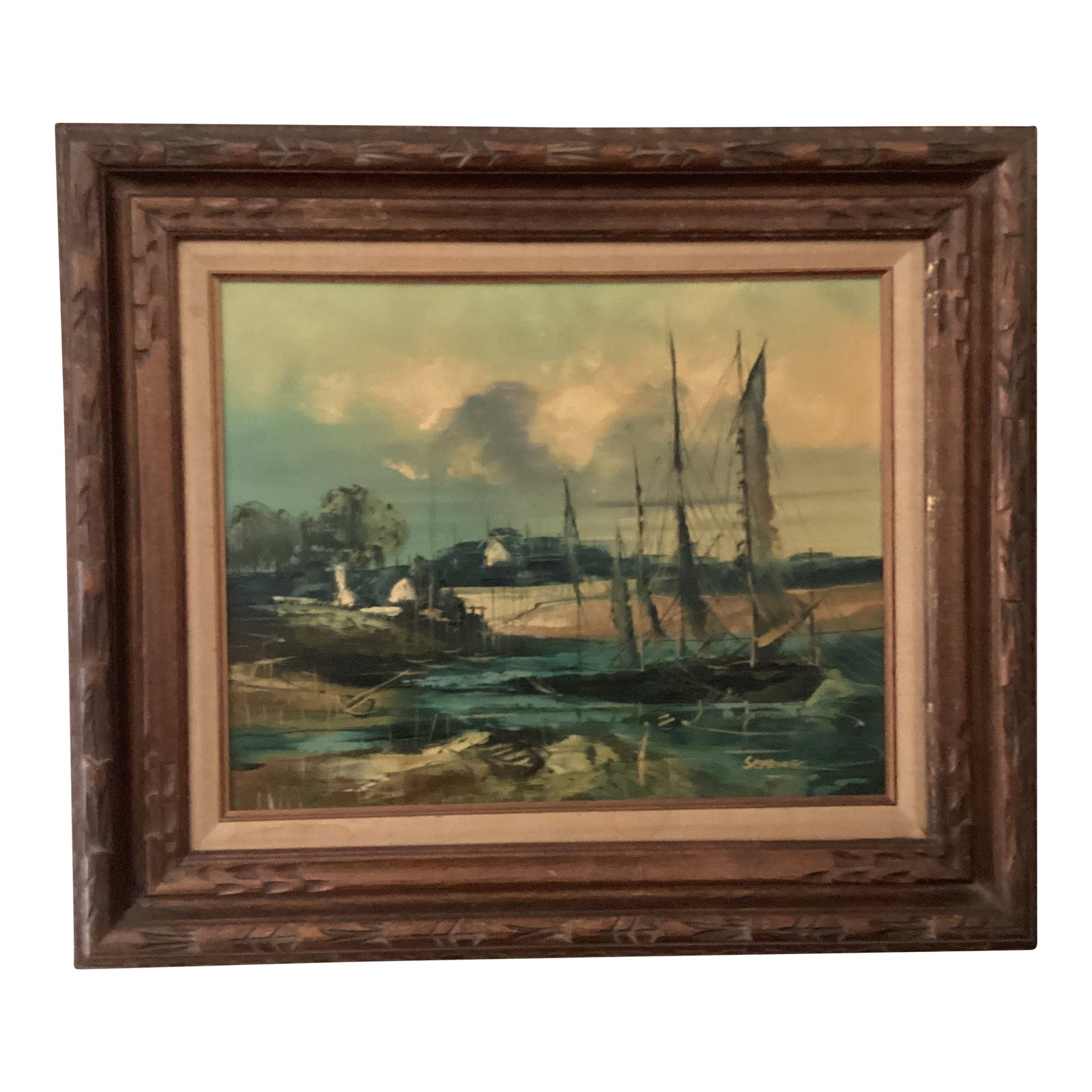 Mid 20th Century Painting on Canvas Nautical Ship Harbor Scene Signed Framed: The product is an original painting on canvas from the mid-20th century depicting a nautical ship harbor scene. The realism style artwork features a medium size canvas with a framed nautical theme,