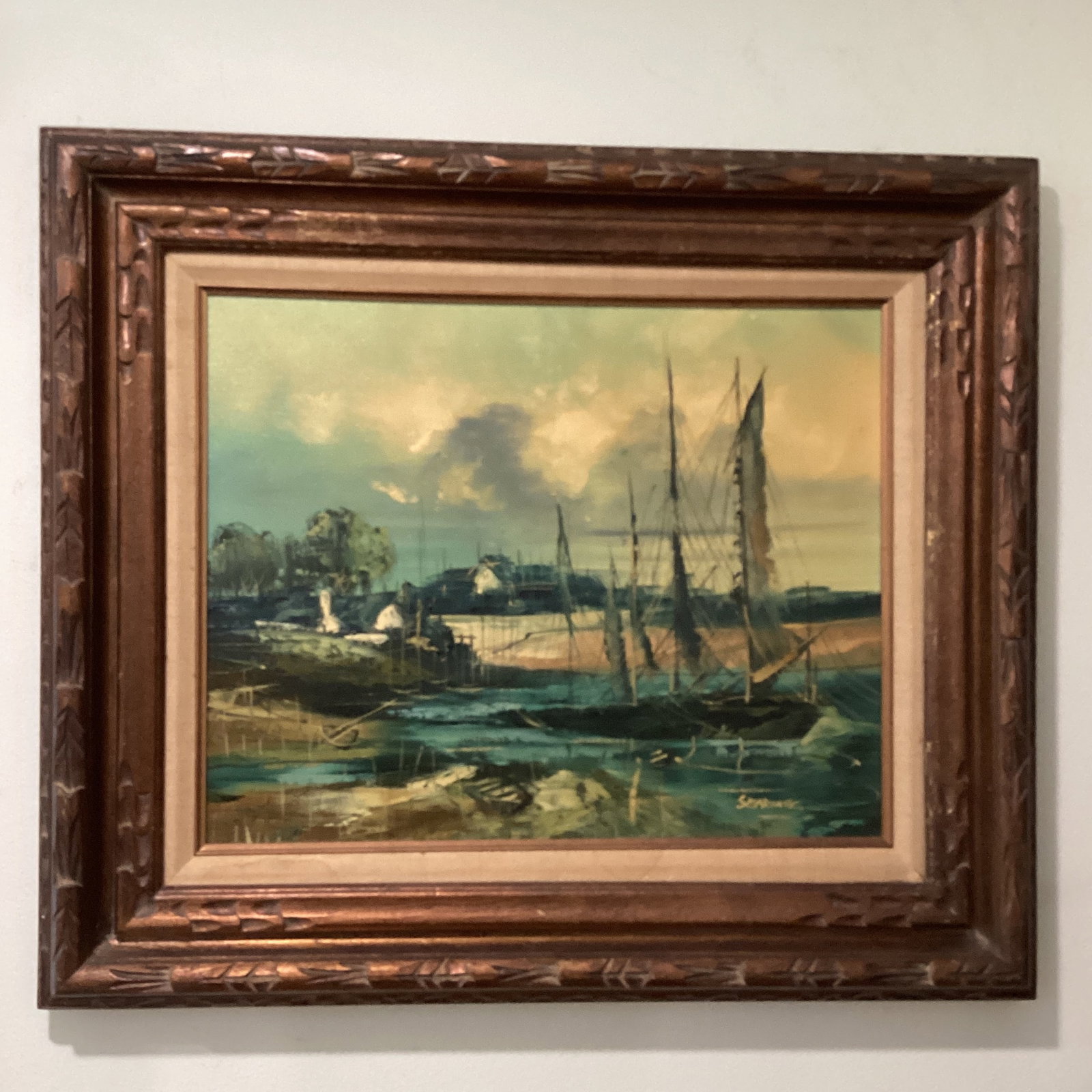 Mid 20th Century Painting on Canvas Nautical Ship Harbor Scene Signed Framed - 2