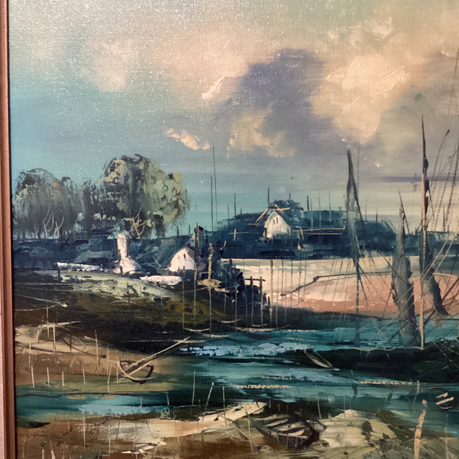 Mid 20th Century Painting on Canvas Nautical Ship Harbor Scene Signed Framed - 3