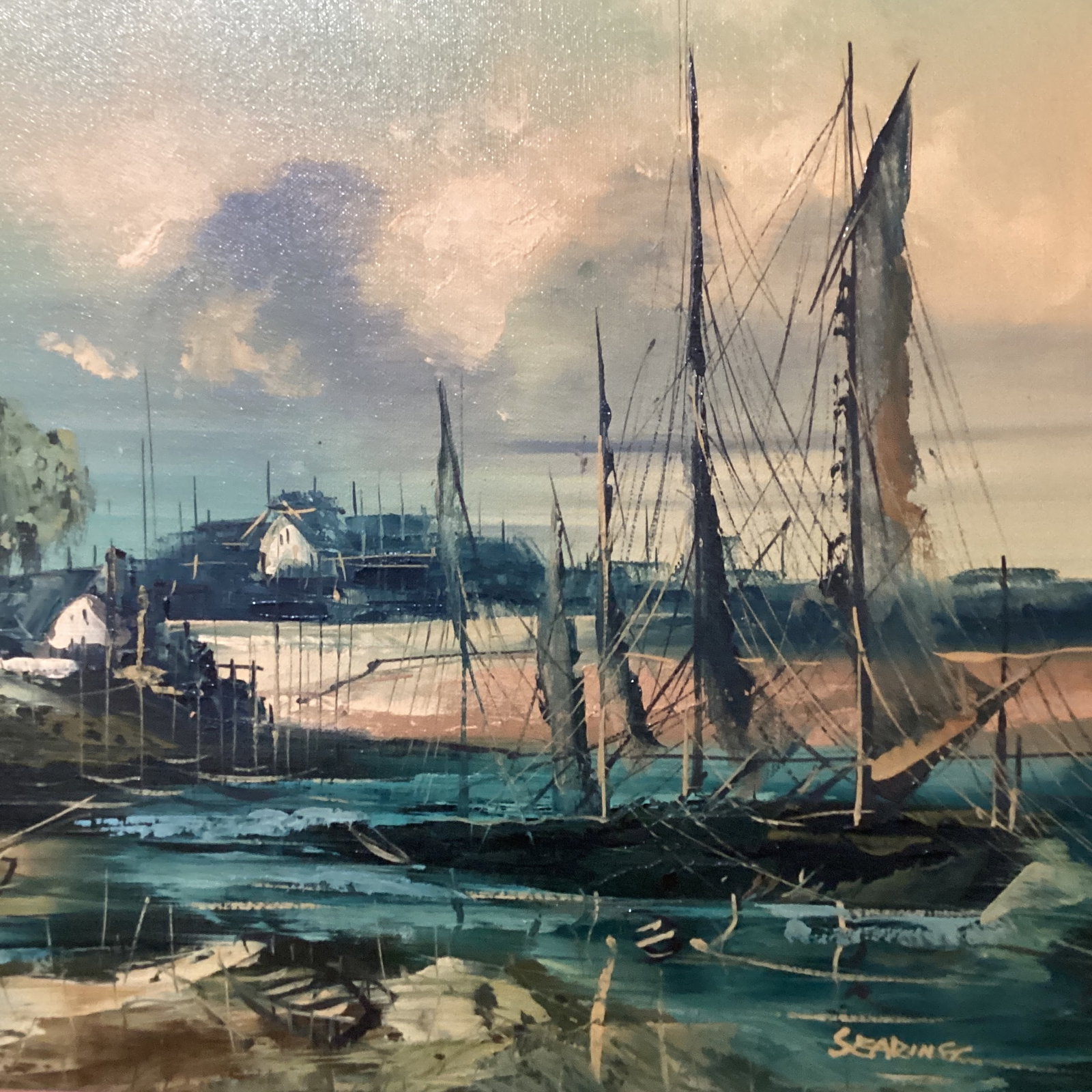 Mid 20th Century Painting on Canvas Nautical Ship Harbor Scene Signed Framed - 4
