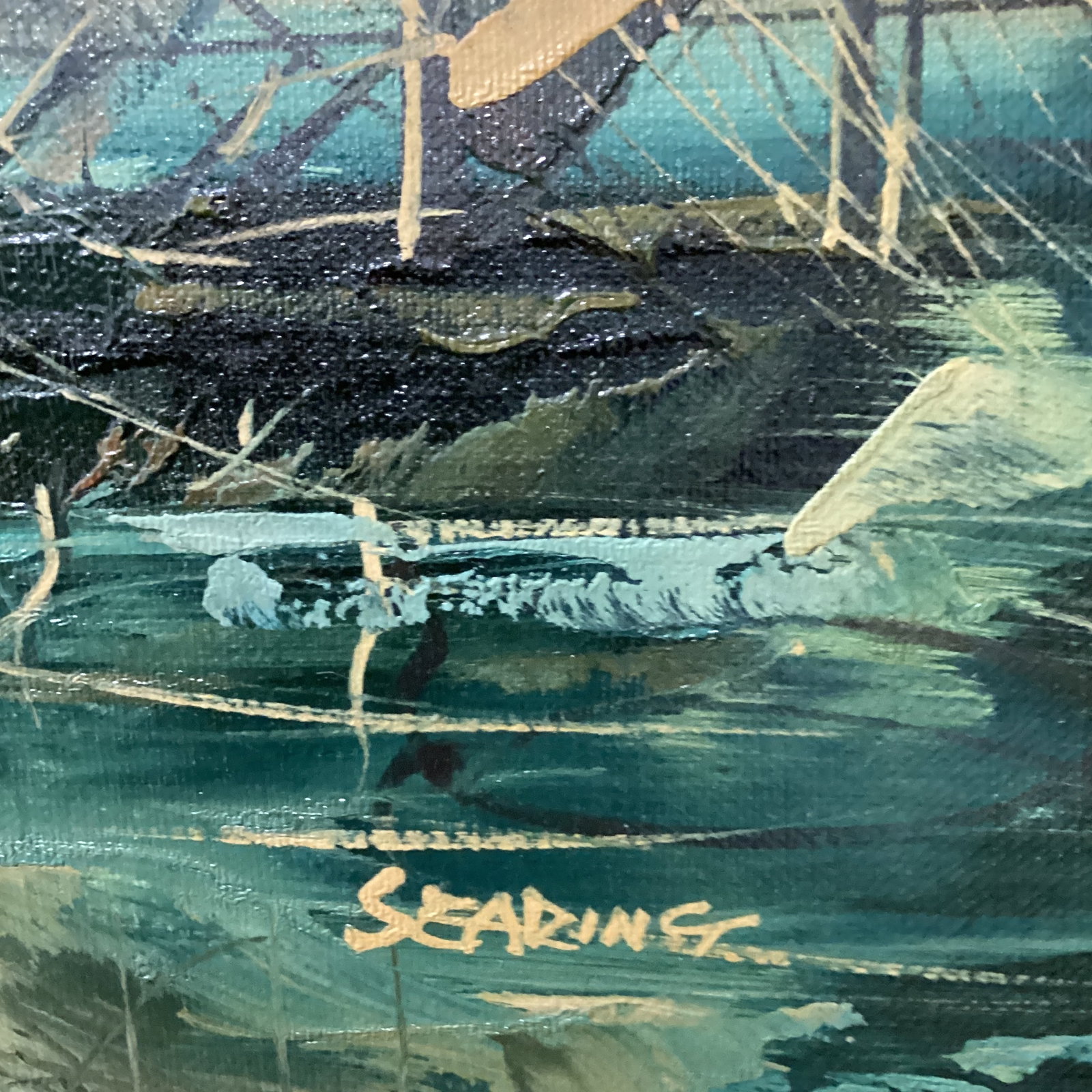 Mid 20th Century Painting on Canvas Nautical Ship Harbor Scene Signed Framed - 5
