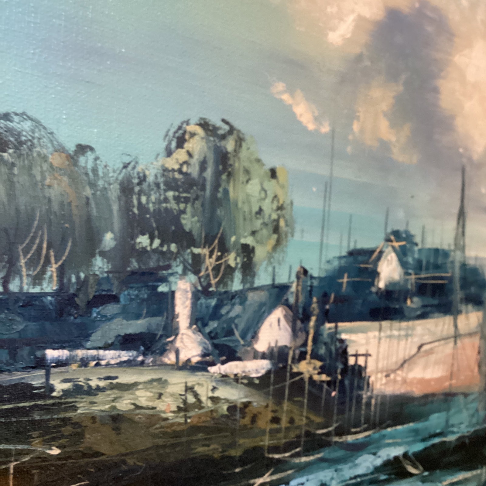 Mid 20th Century Painting on Canvas Nautical Ship Harbor Scene Signed Framed - 6