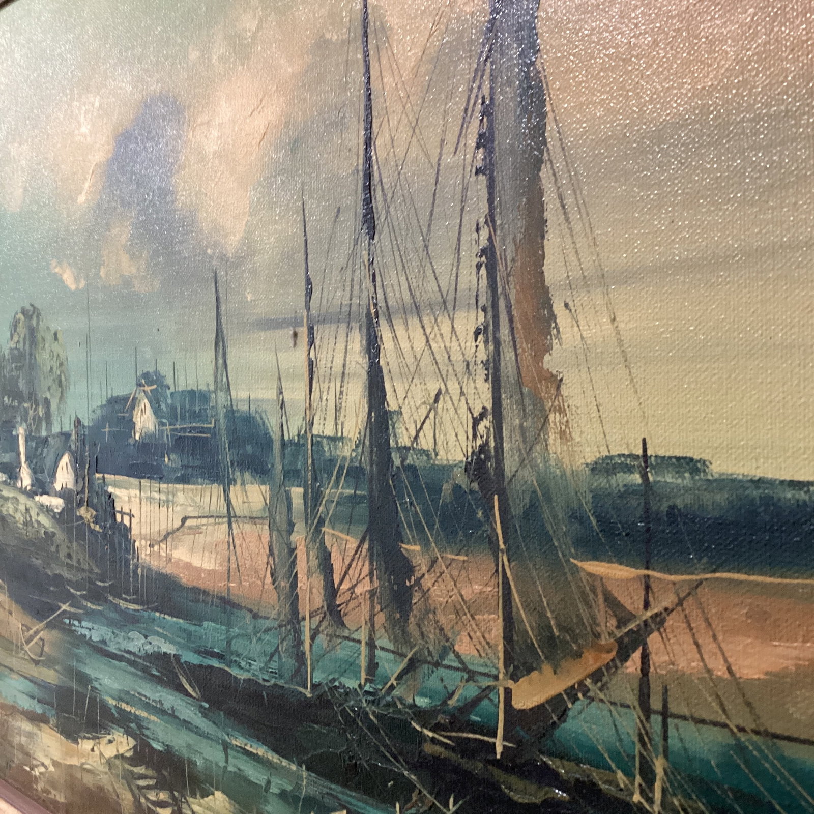 Mid 20th Century Painting on Canvas Nautical Ship Harbor Scene Signed Framed - 7